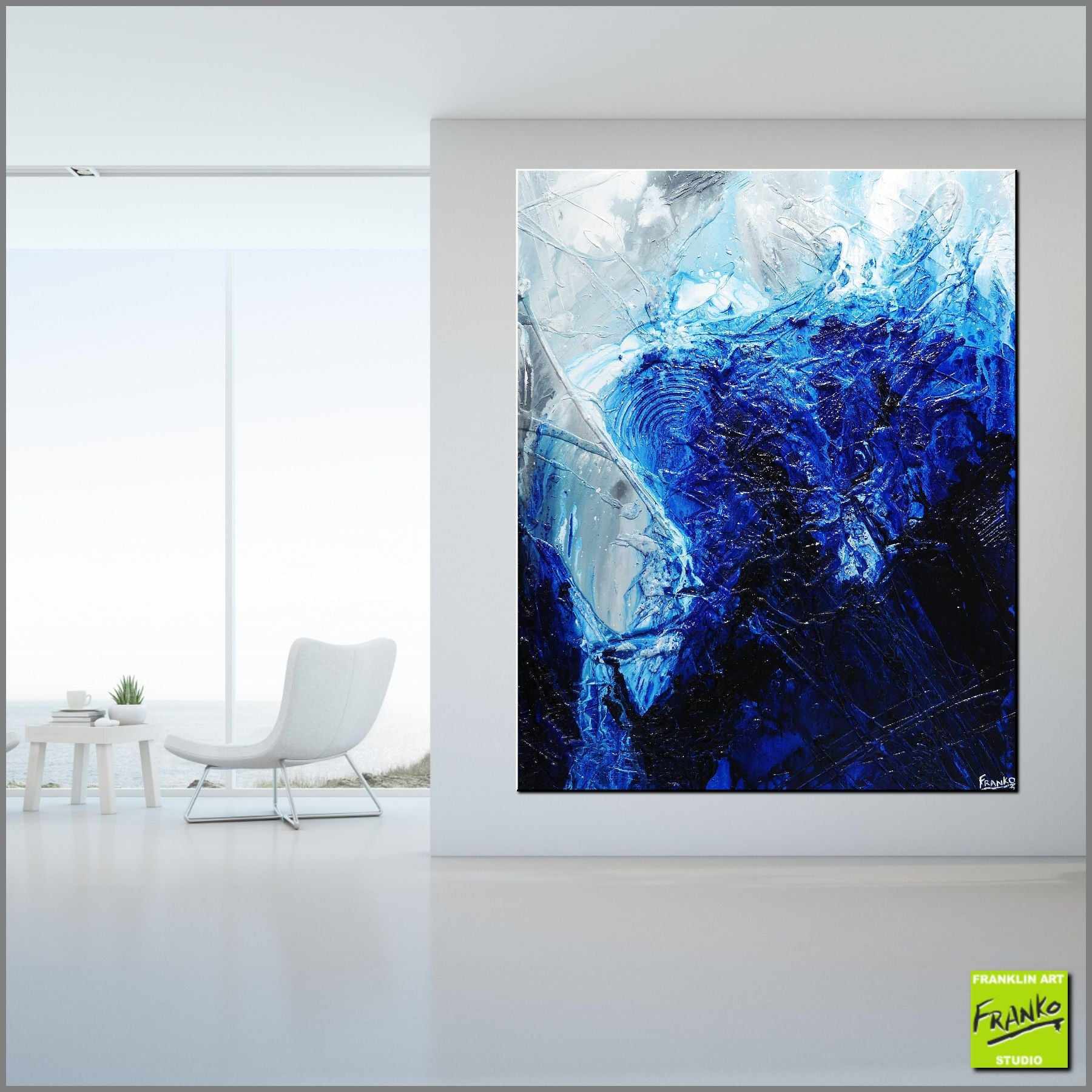 Blue Beat 120cm x 150cm Blue White Textured Abstract Painting (SOLD)-Abstract-Franko-[huge]-[Australian]-[best Selling]-Franklin Art Studio