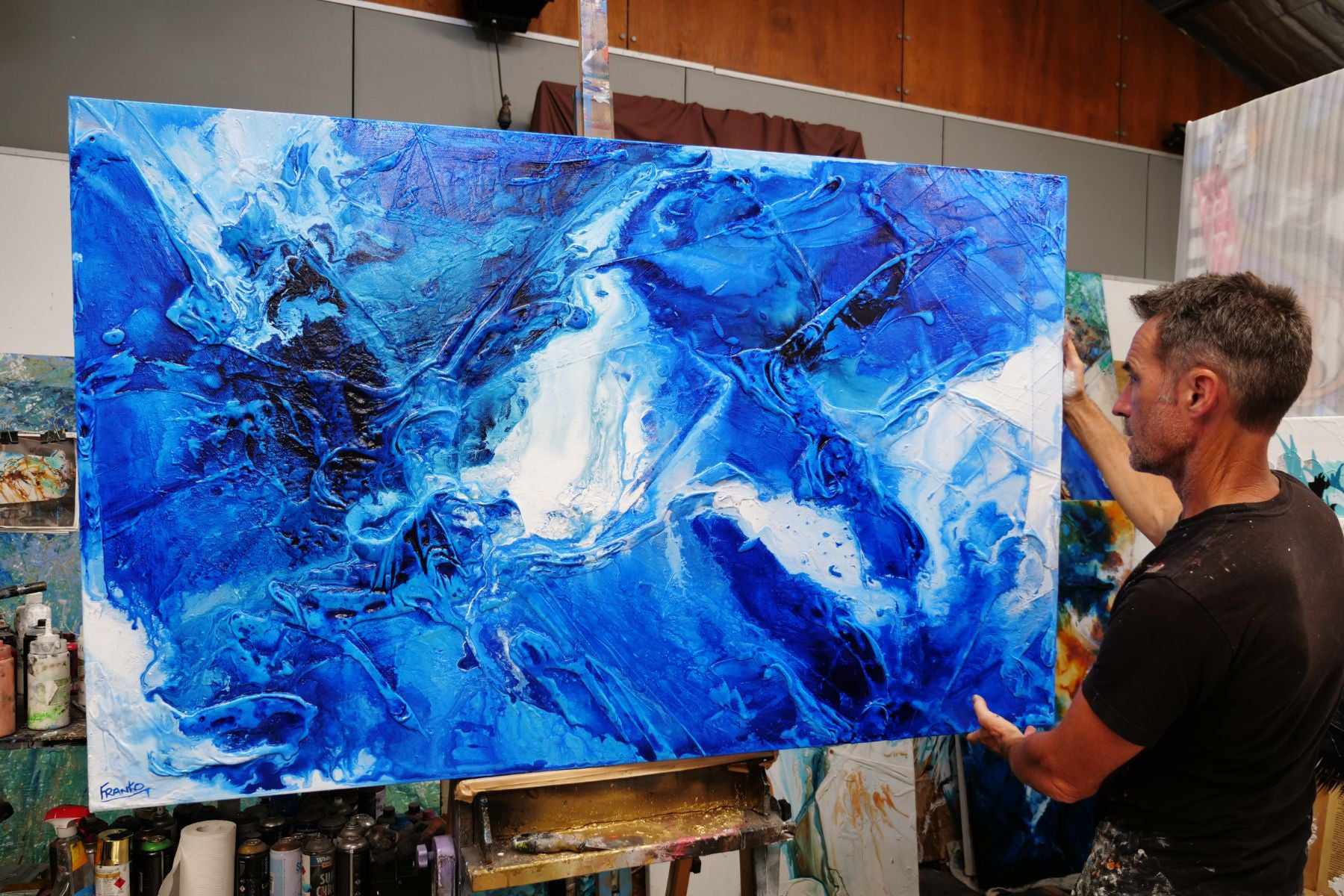 Blue Champagne 160cm x 100cm Blue White Textured Abstract Painting (SOLD)-Abstract-[Franko Artist]-[Gold Coast]-[Brisbane]-[Huge]-Franklin Art Studio