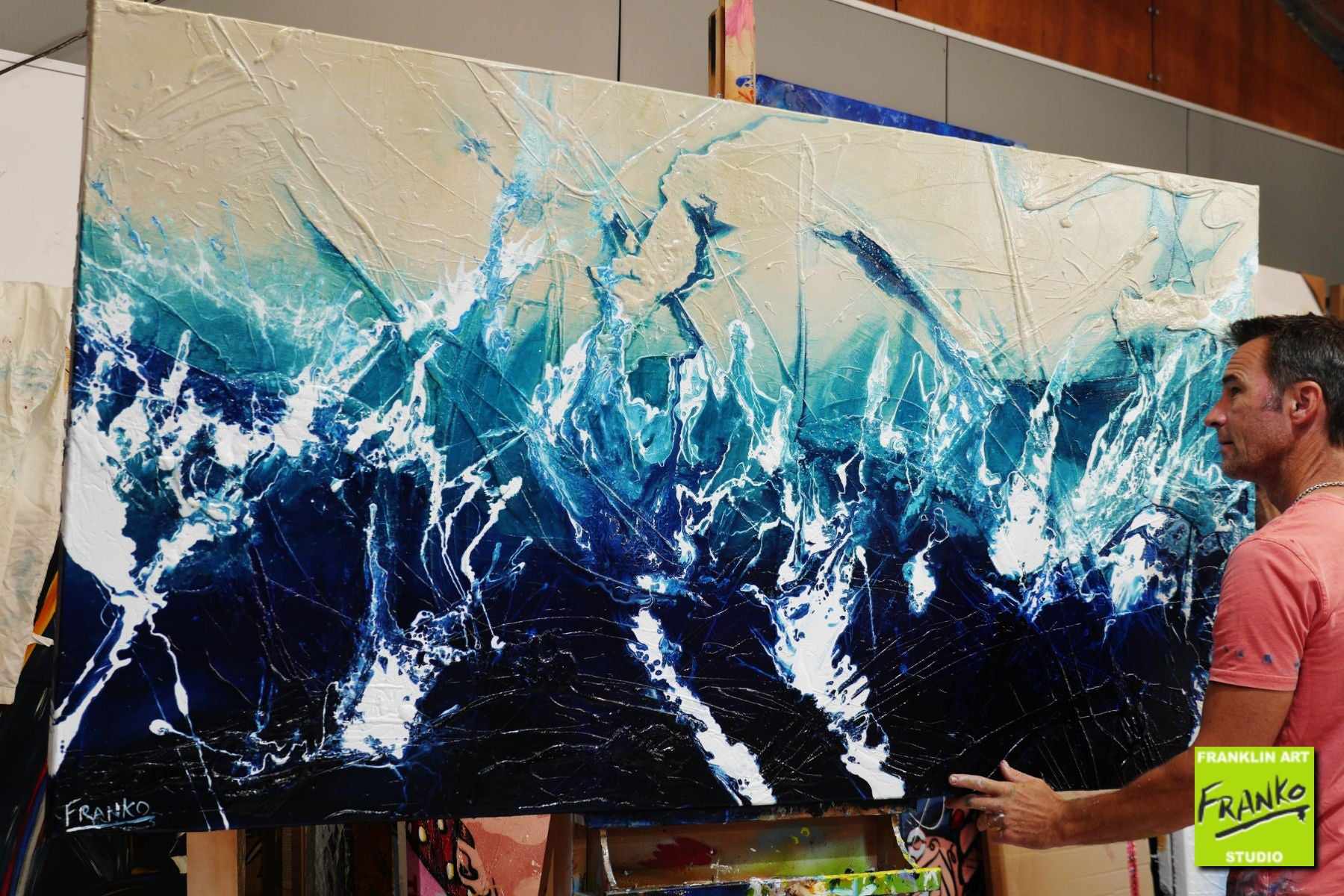 Blue Drift 190cm x 100cm White Cream Blue Textured Abstract Painting (SOLD)-Abstract-[Franko Artist]-[Gold Coast]-[Brisbane]-[Huge]-Franklin Art Studio