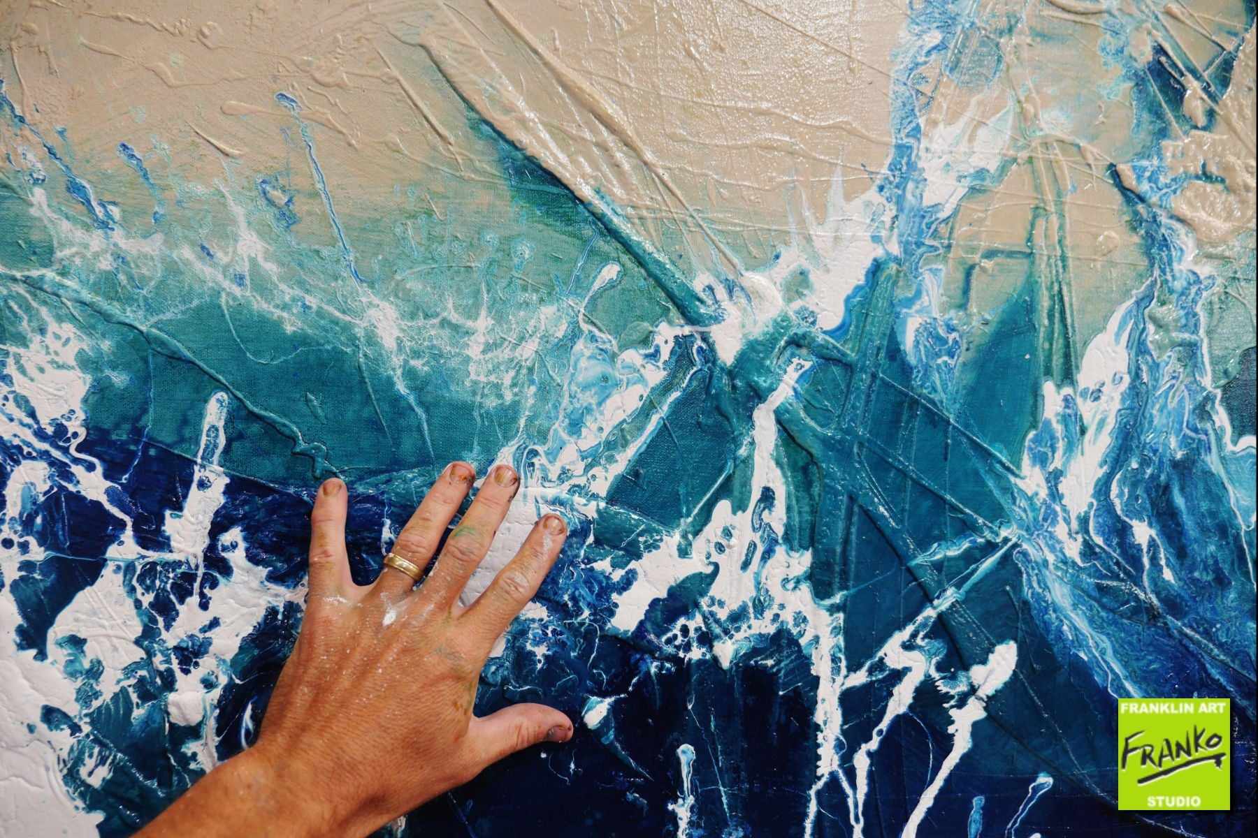 Blue Drift 190cm x 100cm White Cream Blue Textured Abstract Painting (SOLD)