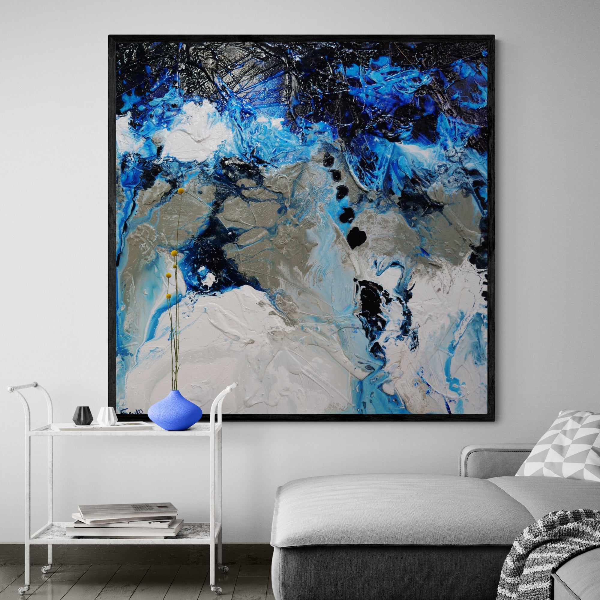 Blue Genetics 120cm x 120cm Blue White Textured Abstract Painting (SOLD)-Abstract-Franko-[huge]-[Australian]-[best Selling]-Franklin Art Studio