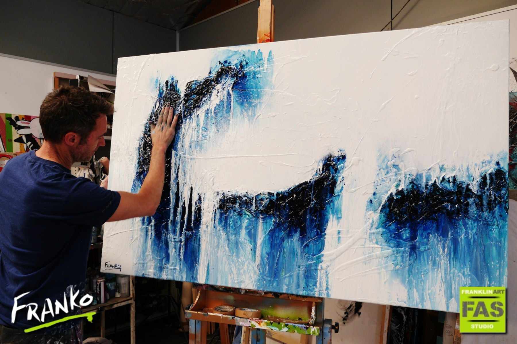 Blue Monty 160cm x 100cm Blue White Textured Abstract Painting-Abstract-Franko-[franko_artist]-[Art]-[interior_design]-Franklin Art Studio