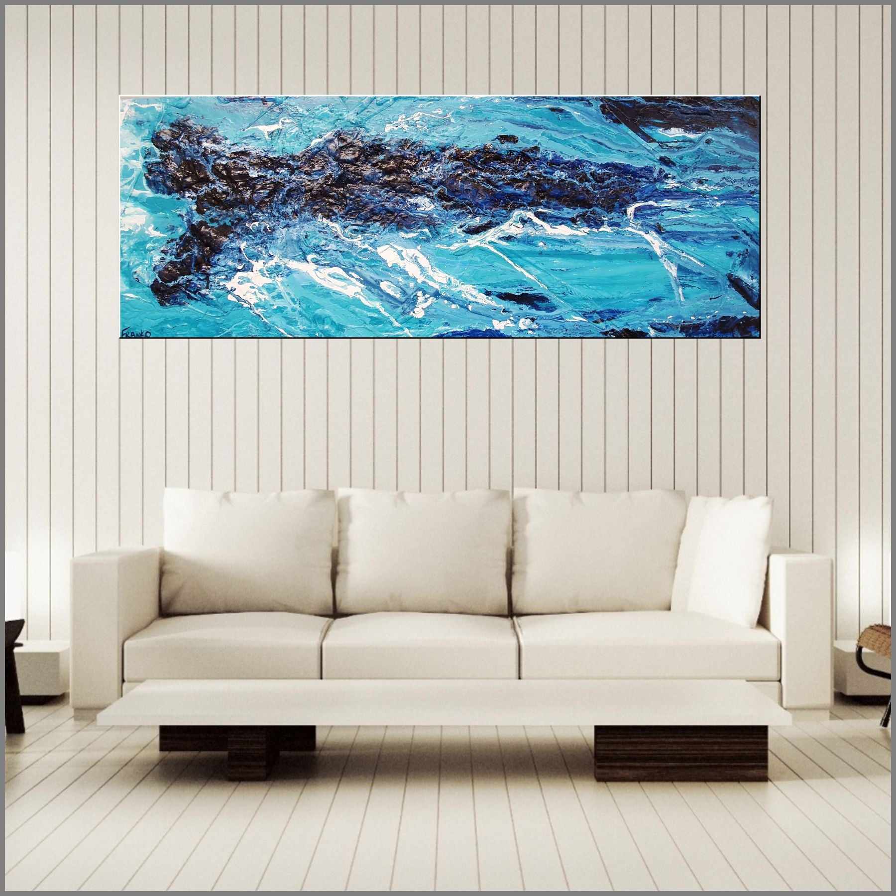 Blue Myth 2 160cm x 60cm Blue Textured Abstract Painting (SOLD)-Abstract-Franko-[huge]-[Australian]-[best Selling]-Franklin Art Studio