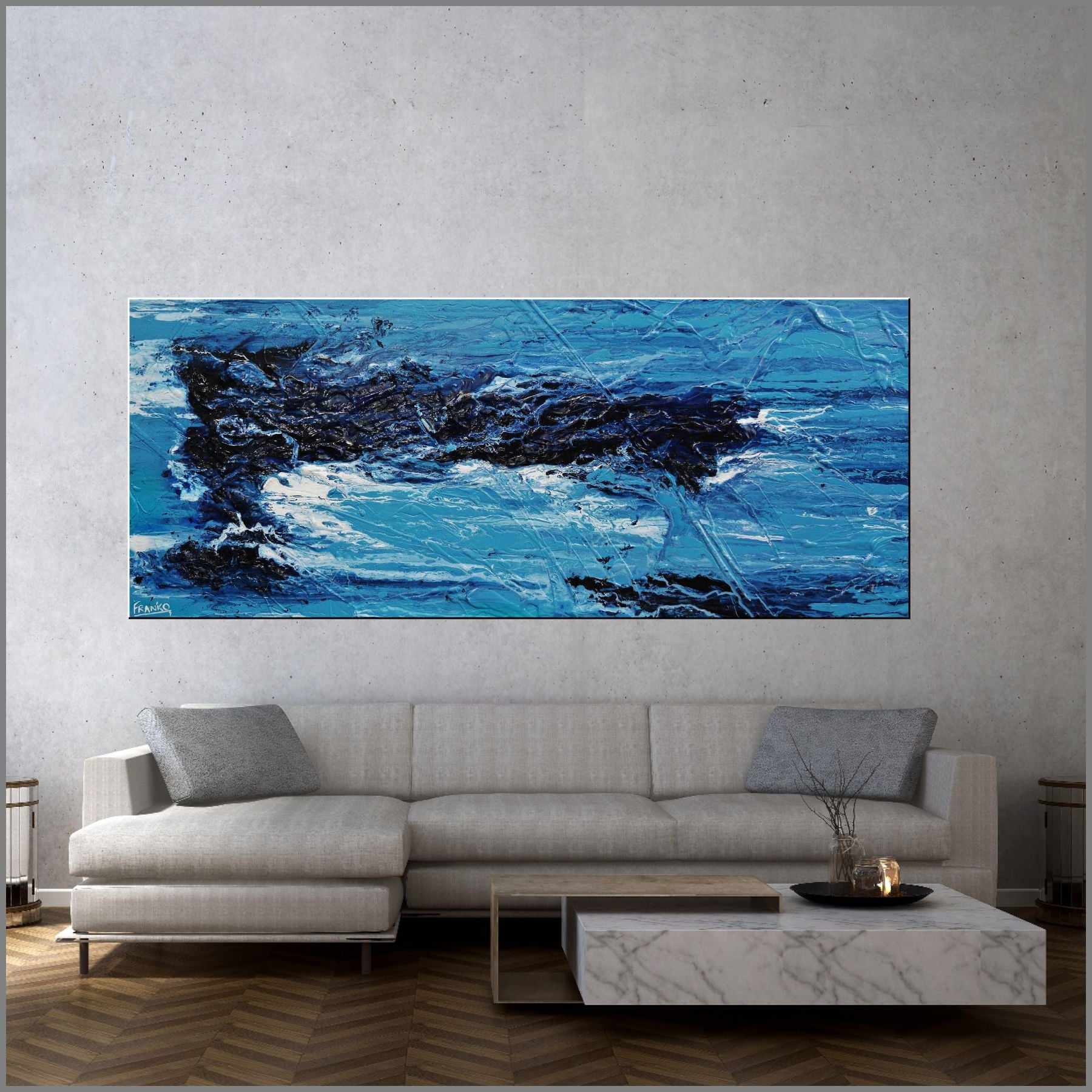 Blue Myth 200cm x 80cm Blue Textured Abstract Painting (SOLD)-Abstract-Franko-[Franko]-[huge_art]-[Australia]-Franklin Art Studio