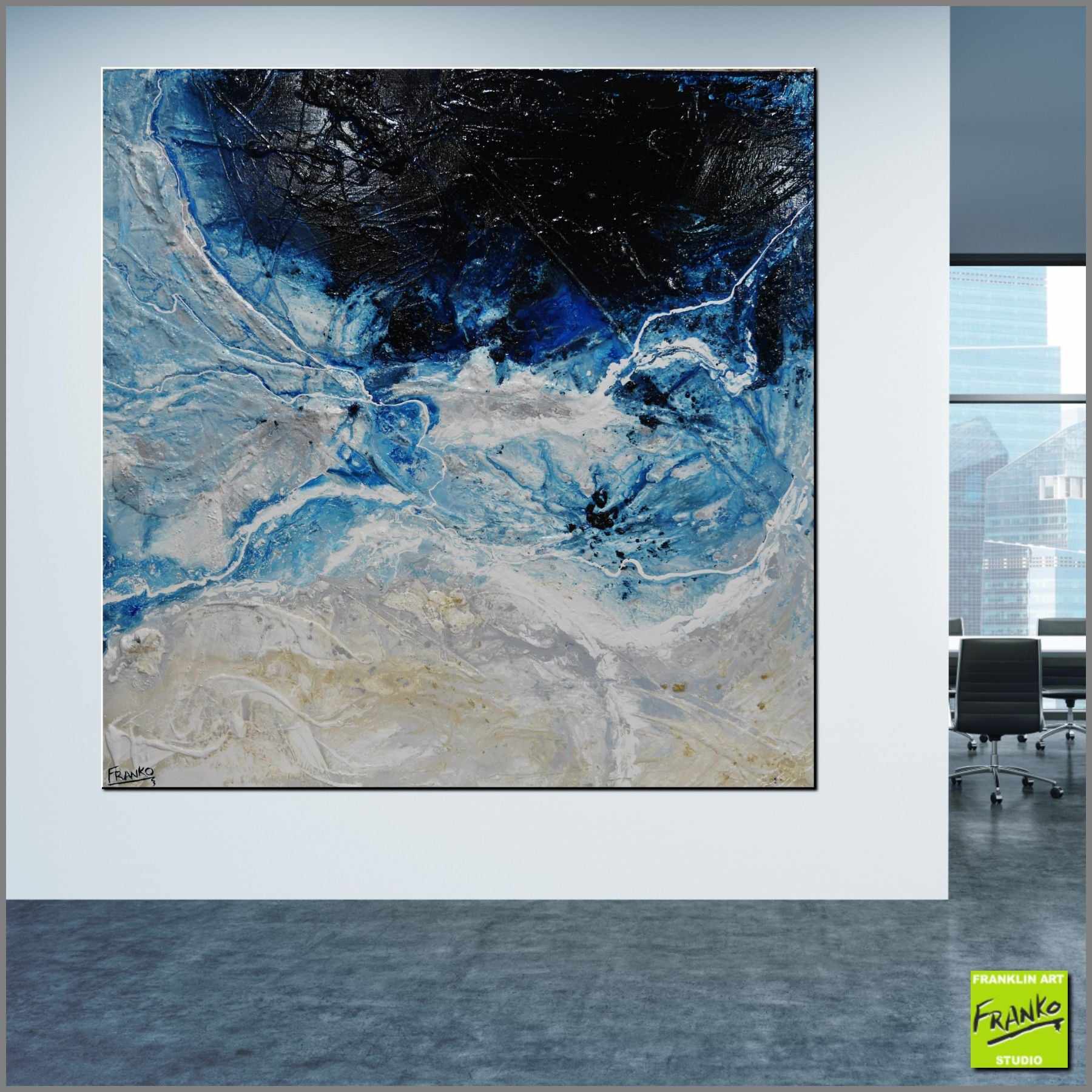 Blue Rapture 150cm x 150cm Blue Grey Textured Abstract Painting (SOLD)-Abstract-Franko-[Franko]-[huge_art]-[Australia]-Franklin Art Studio