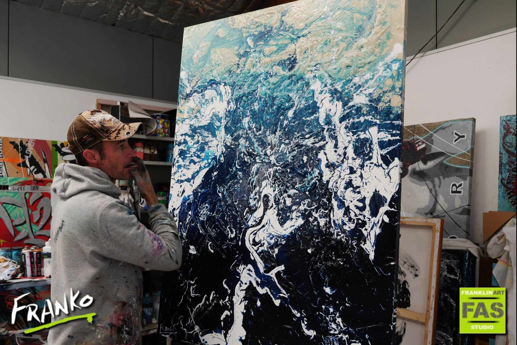 Blue Wash 140cm x 100cm Blue Cream White Textured Abstract Painting (SOLD)-Abstract-[Franko Artist]-[Gold Coast]-[Brisbane]-[Huge]-Franklin Art Studio