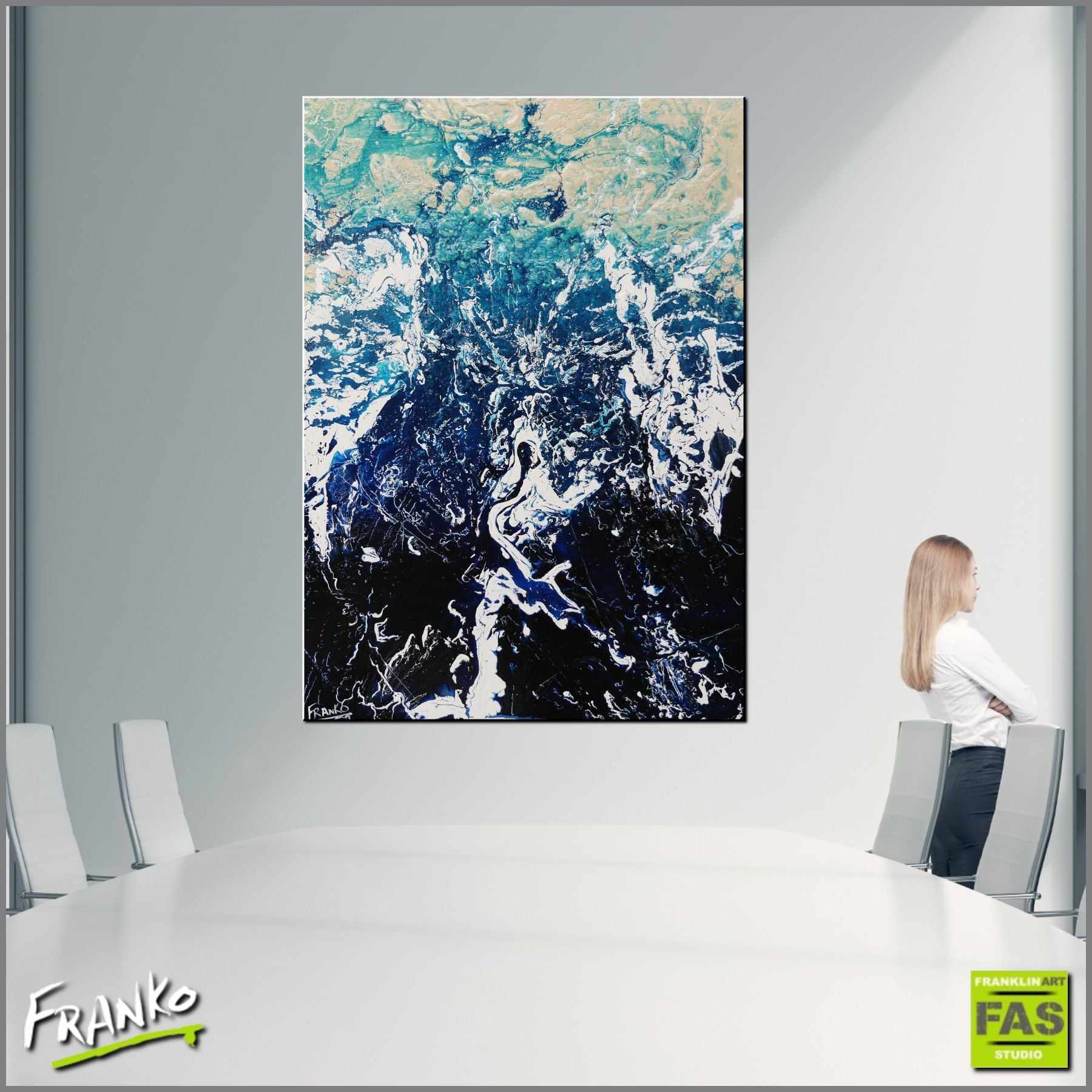 Blue Wash 140cm x 100cm Blue Cream White Textured Abstract Painting (SOLD)-Abstract-Franko-[Franko]-[huge_art]-[Australia]-Franklin Art Studio