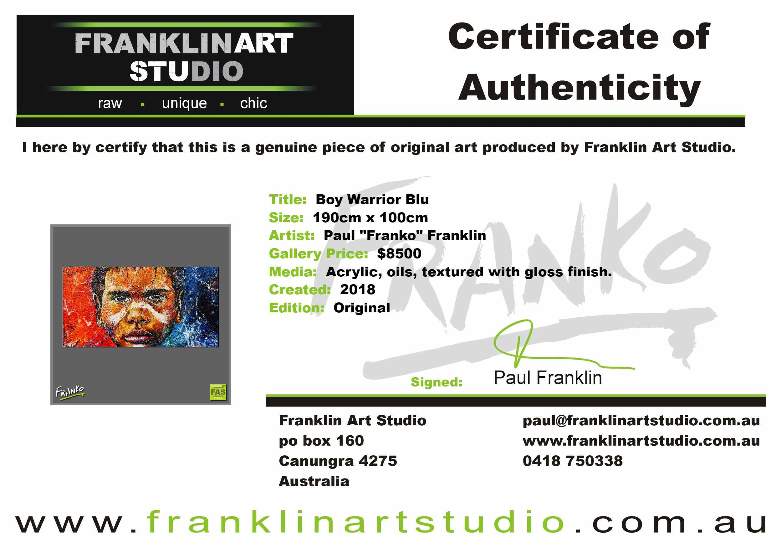 Boy Warrior Blu 190cm x 100cm Aboriginal Warrior Abstract Realism Textured Painting (SOLD)-abstract realism-[Franko Artist]-[Gold Coast]-[Brisbane]-[Huge]-Franklin Art Studio