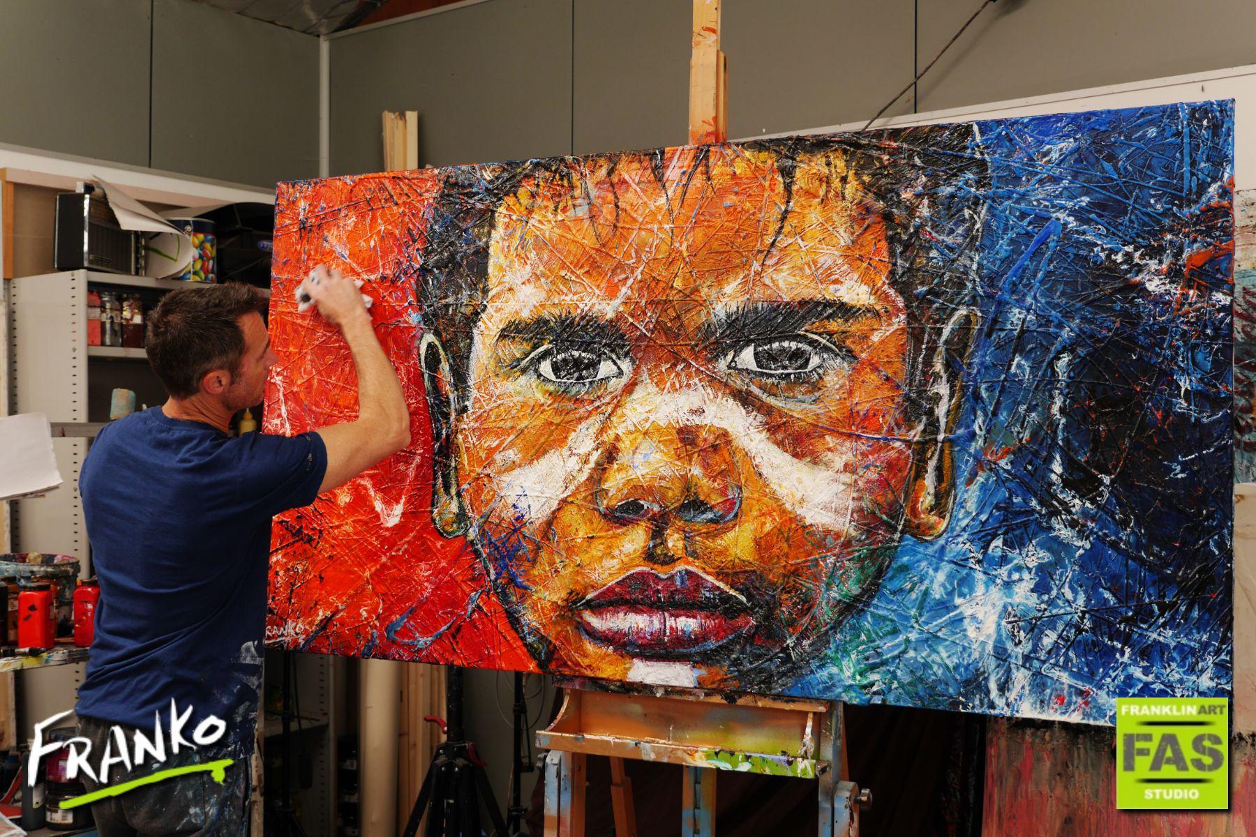 Boy Warrior Blu 190cm x 100cm Aboriginal Warrior Abstract Realism Textured Painting (SOLD)-abstract realism-[Franko Artist]-[Cheryl]-[Wendy]-[Gabriela]-Franklin Art Studio