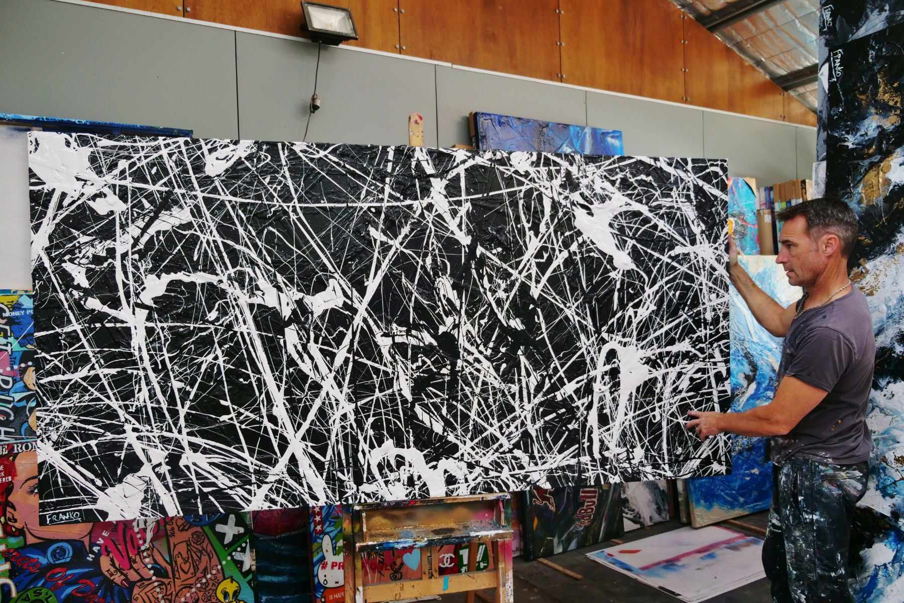 Brain Scatter 240cm x 120cm Black White Textured Abstract Painting (SOLD)-Abstract-Franko-[franko_artist]-[Art]-[interior_design]-Franklin Art Studio