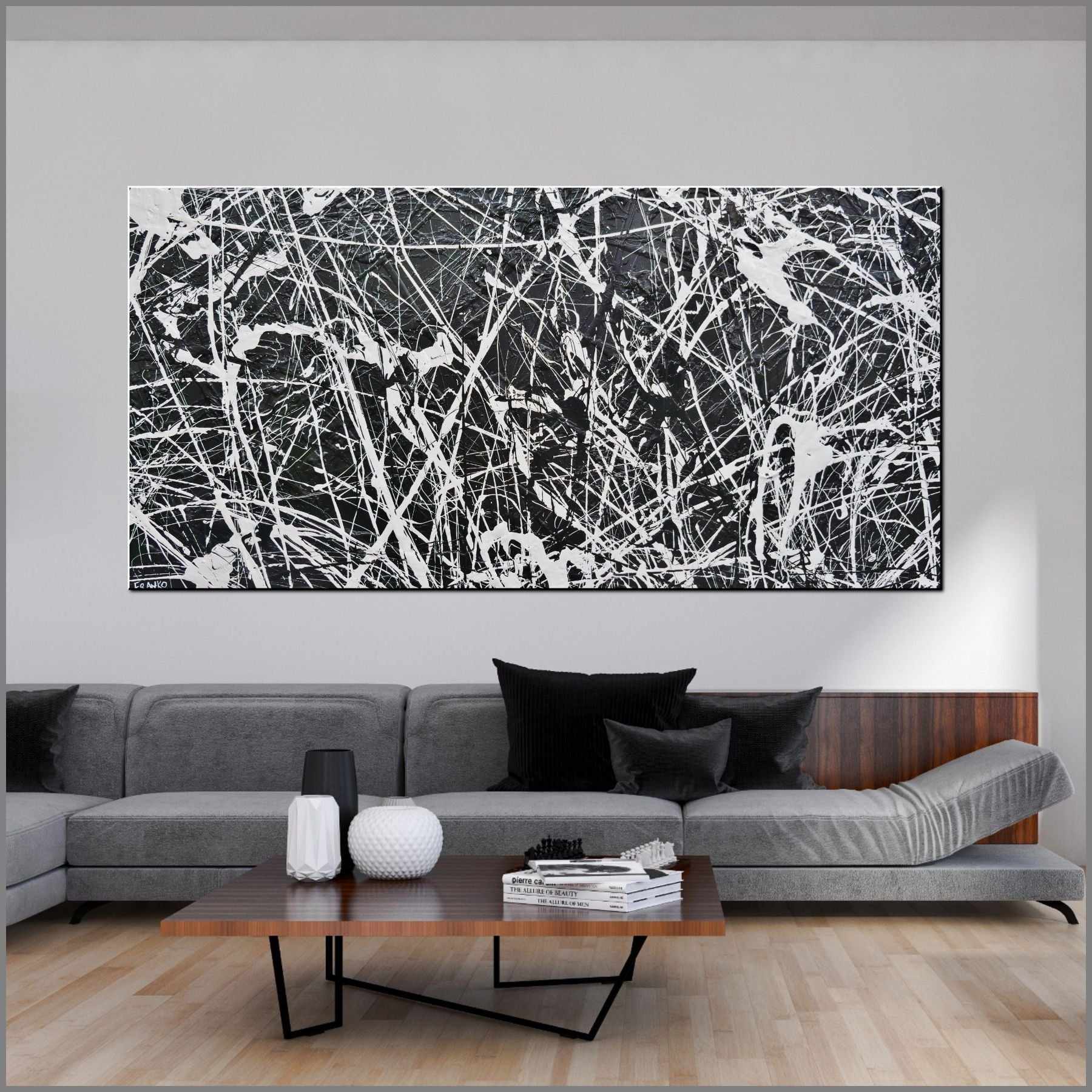 Brain Scatter 240cm x 120cm Black White Textured Abstract Painting (SOLD)-Abstract-Franko-[huge]-[Australian]-[best Selling]-Franklin Art Studio