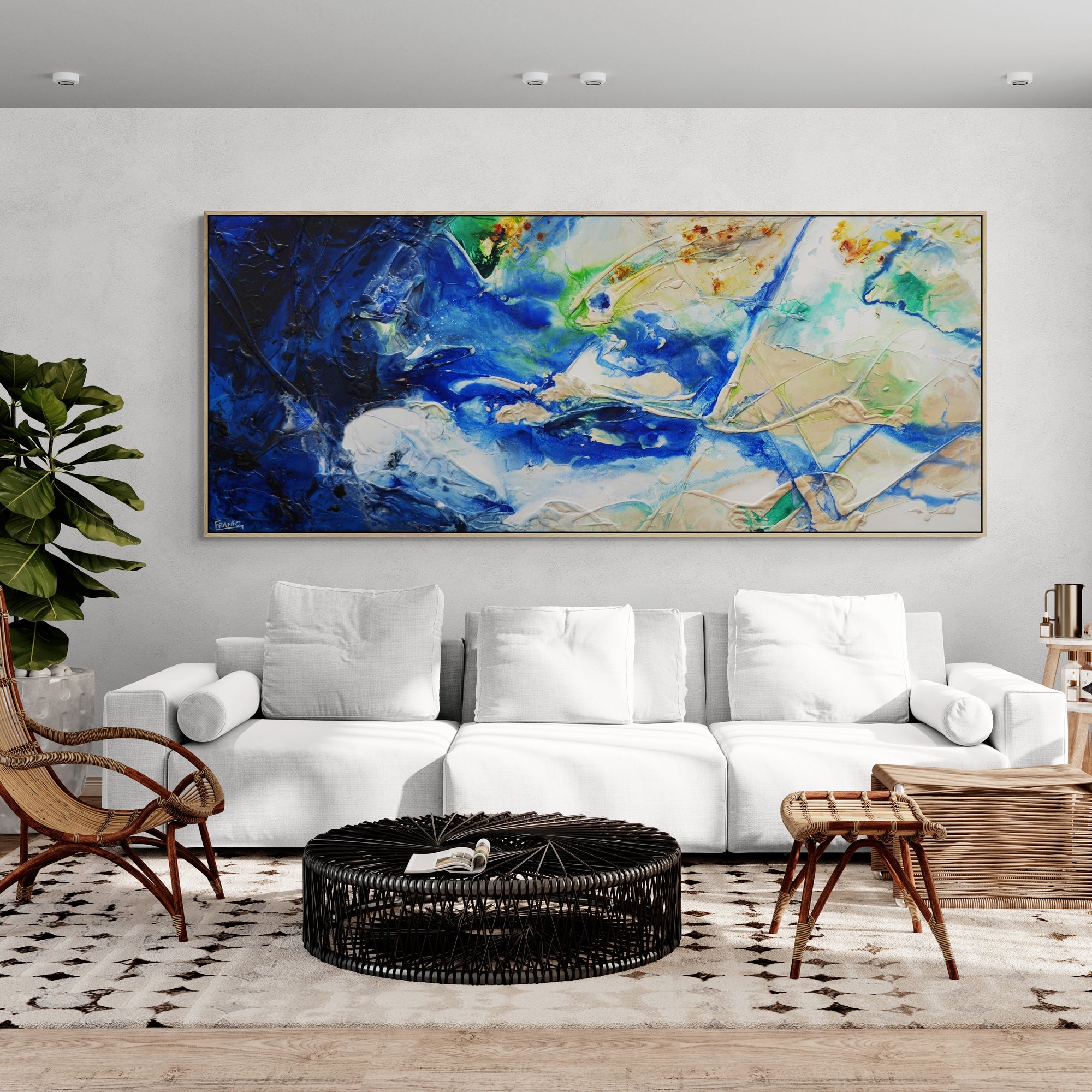 The Natural 240cm x 100cm Blue Green Cream Textured Abstract Painting
