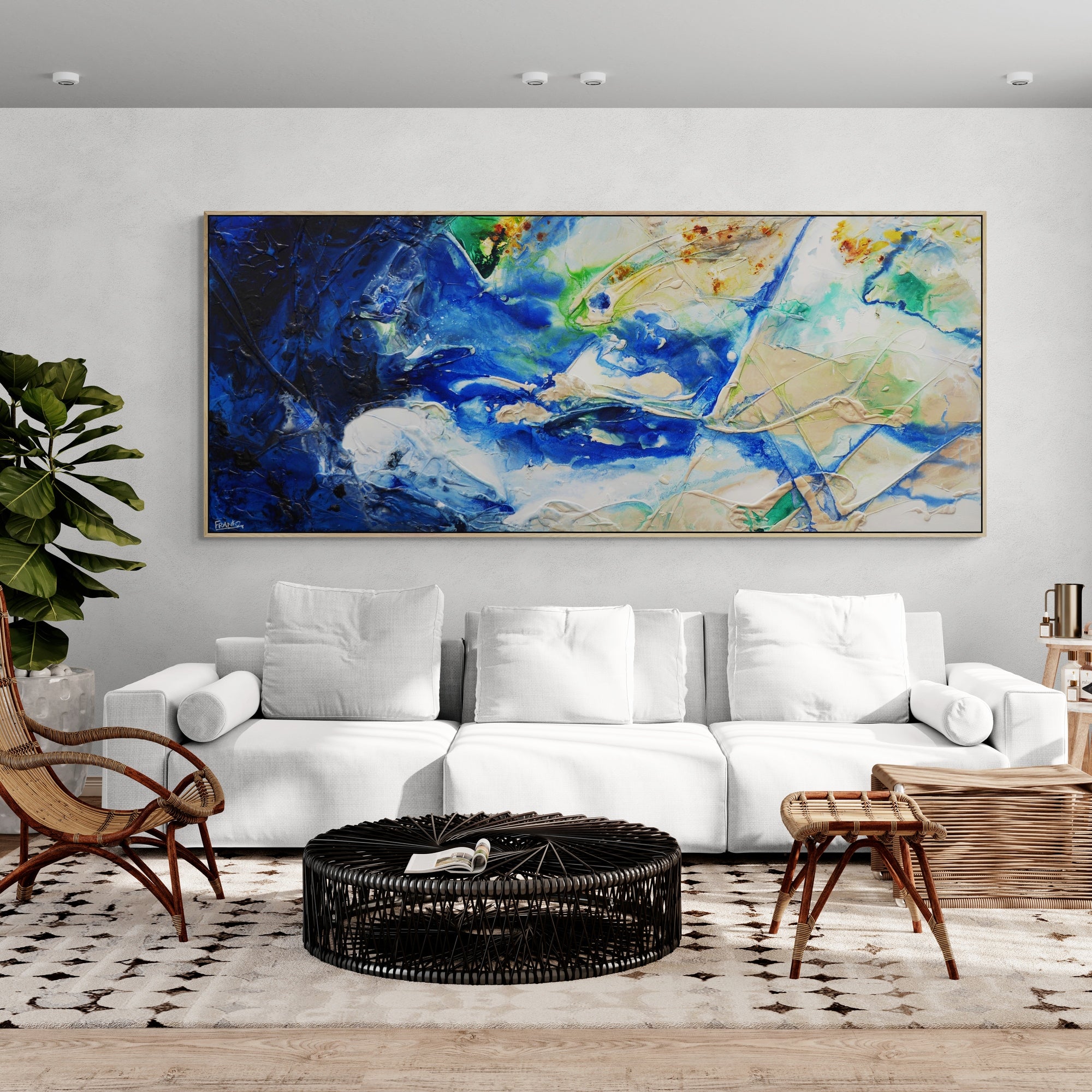 The Natural 240cm x 100cm Blue Green Cream Textured Abstract Painting (SOLD)-Abstract-Franko-[huge]-[Australian]-[best Selling]-Franklin Art Studio