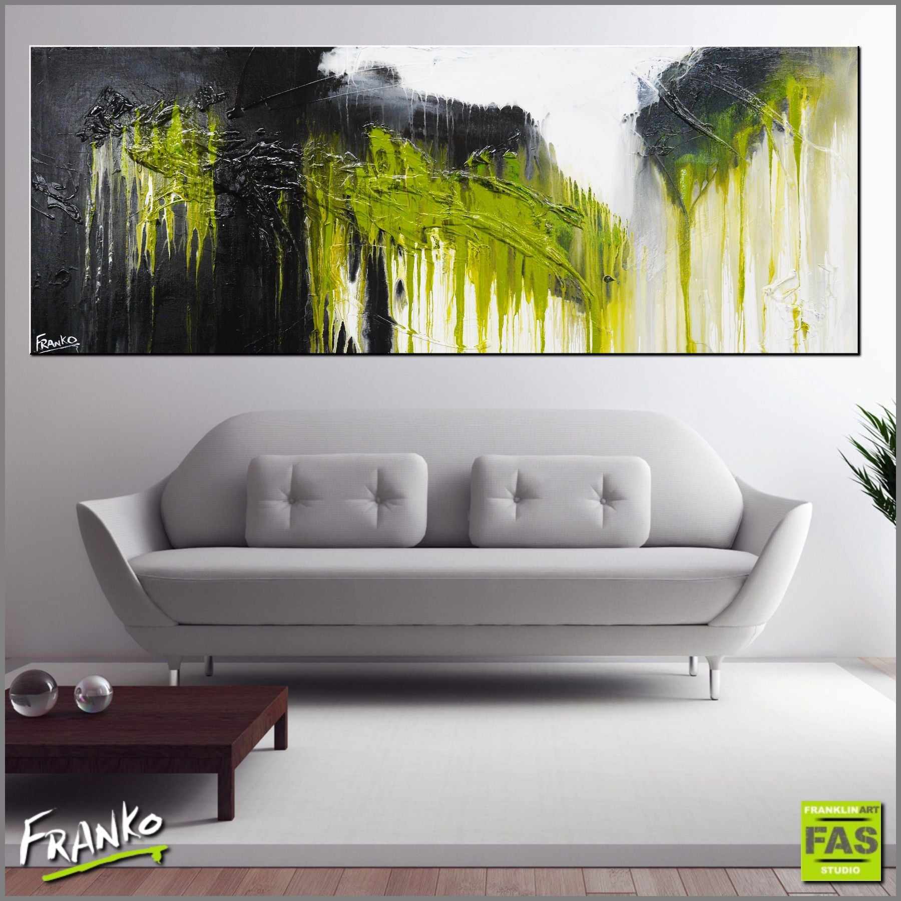 Brush Bush 160cm x 60cm Black Green White Abstract Painting (SOLD)-Abstract-Franko-[Franko]-[huge_art]-[Australia]-Franklin Art Studio