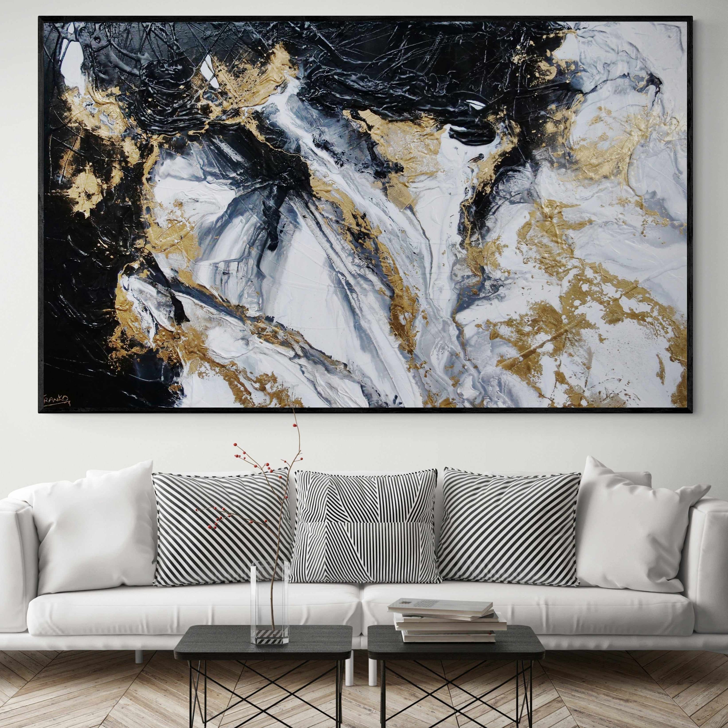 Bullion 200cm x 120cm Black White Gold Textured Abstract Painting (SOLD)-Abstract-[Franko Artist]-[Gold Coast]-[Brisbane]-[Huge]-Franklin Art Studio
