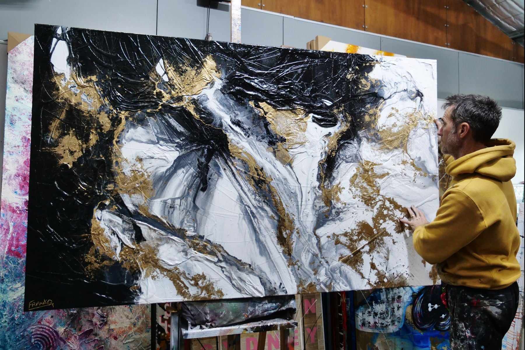 Bullion 200cm x 120cm Black White Gold Textured Abstract Painting (SOLD)-Abstract-[Franko Artist]-[Cheryl]-[Wendy]-[Gabriela]-Franklin Art Studio