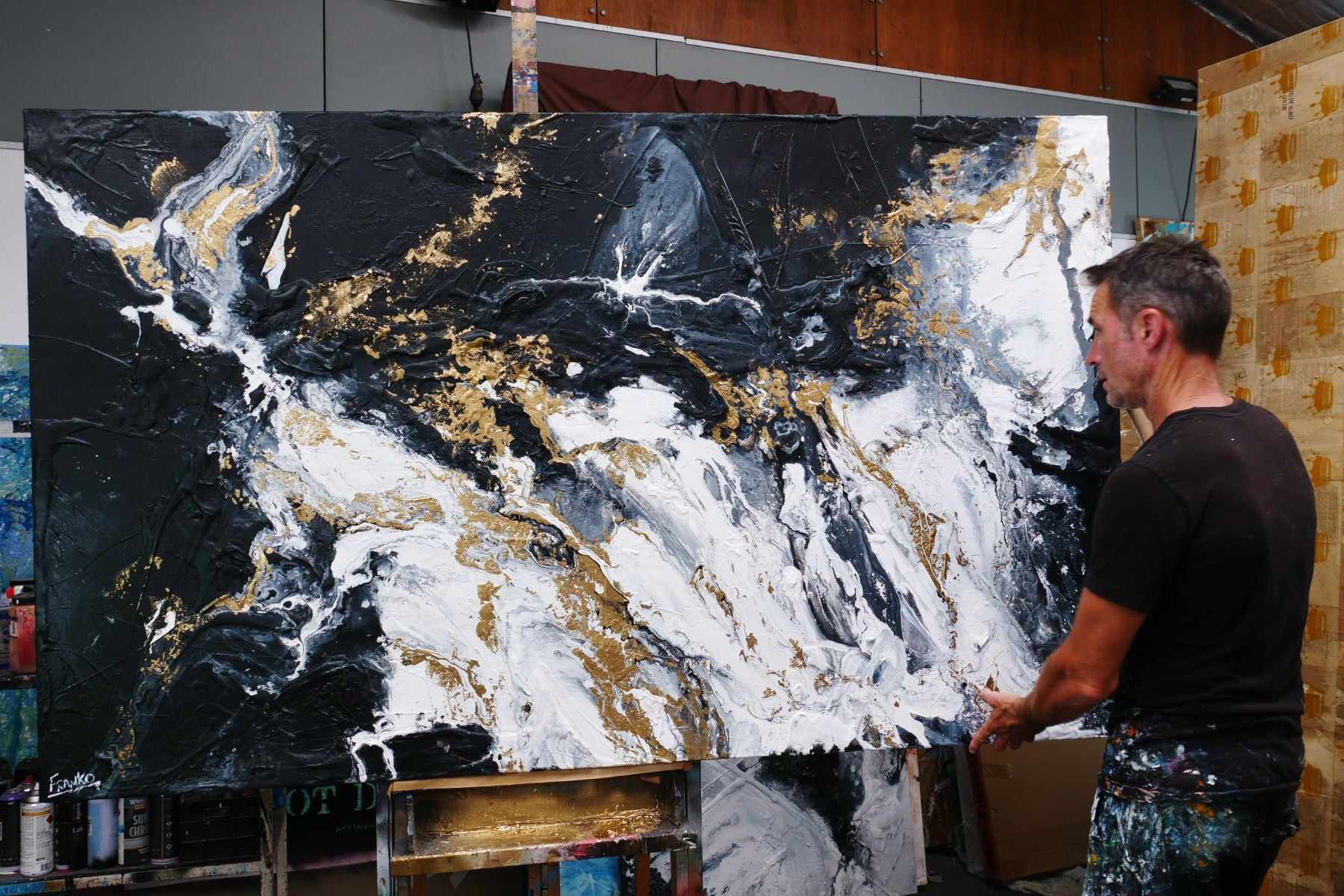 Bullions 200cm x 120cm Black White Gold Textured Abstract Painting (SOLD)-Abstract-[Franko Artist]-[Gold Coast]-[Brisbane]-[Huge]-Franklin Art Studio