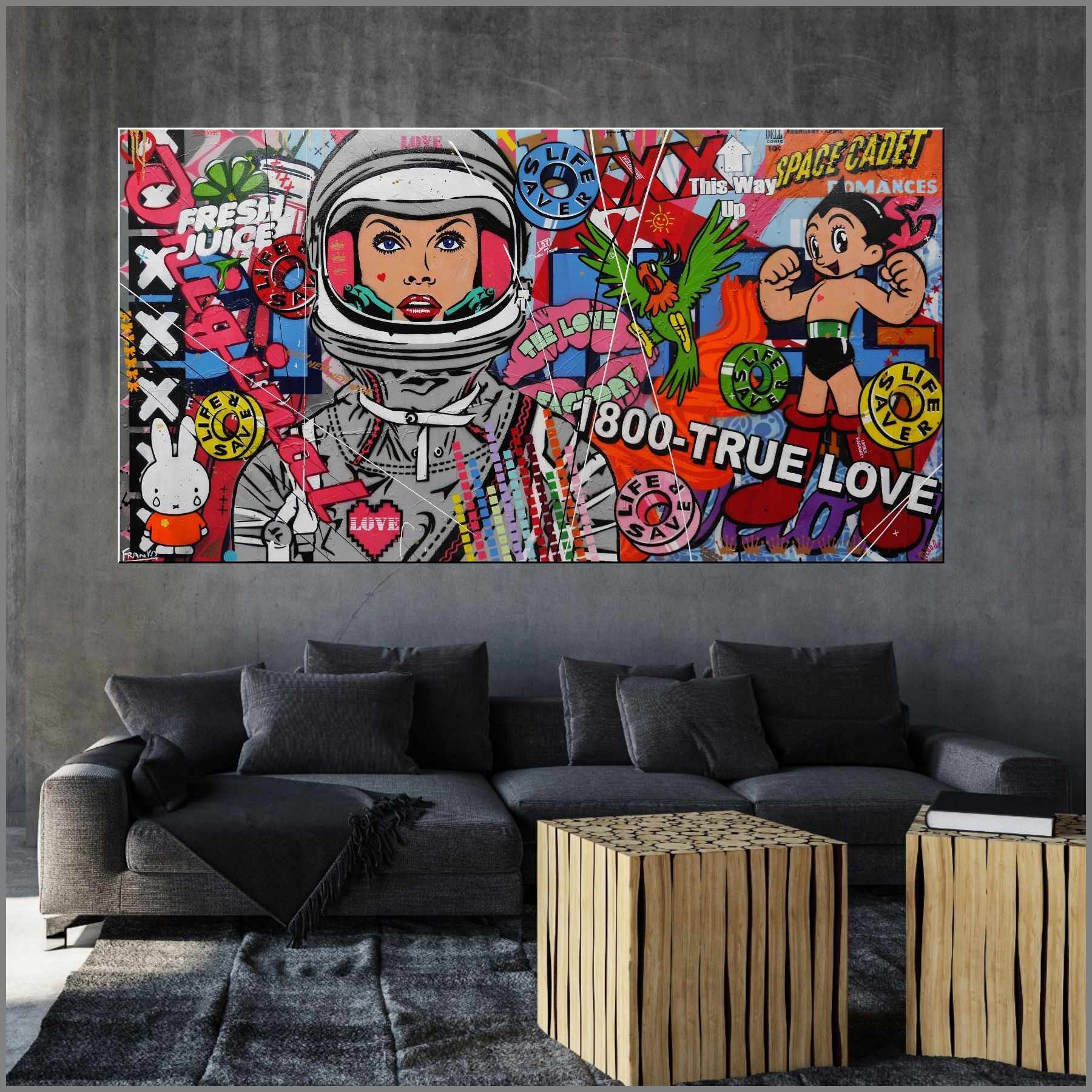Cadet: The Romance Continues 190cm x 100cm Space Cadet Textured Urban Pop Art Painting (SOLD)-urban pop-[Franko_Artist]-[Australian_artist]-[Gold_Coast]-[Brisbane]-[modern]-[contemporary]-[original]-[Large_artwork]-[The_Block]-[Dream_Homes]-[ideas]-[Grand_Designs]-[Art_Lover]-Franklin Art Studio