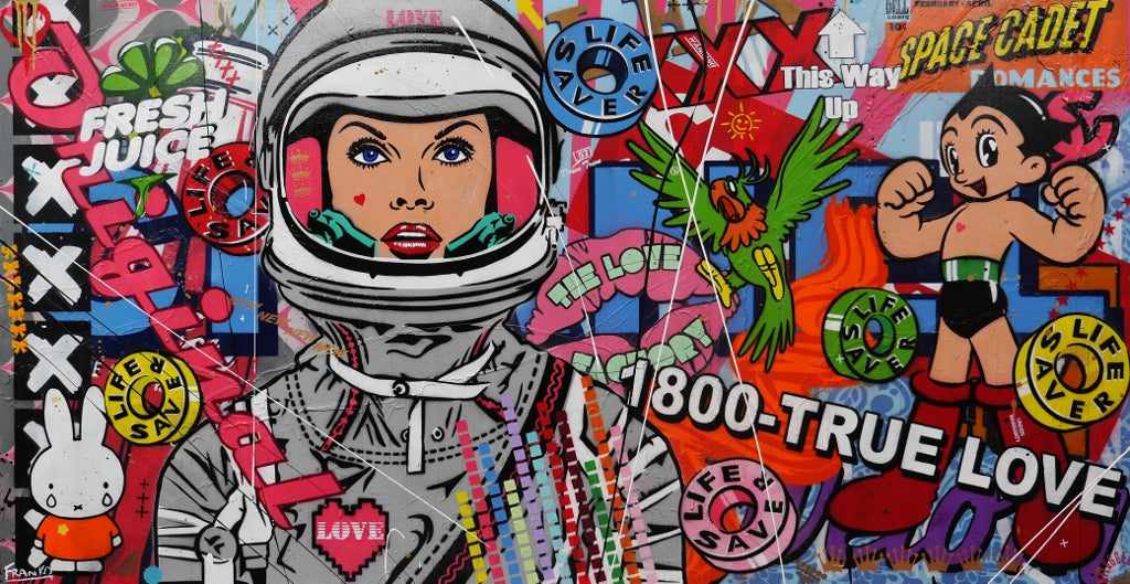 Cadet: The Romance Continues 190cm x 100cm Space Cadet Textured Urban Pop Art Painting (SOLD)-urban pop-[Franko_Artist]-[Australian_artist]-[Gold_Coast]-[Brisbane]-[modern]-[contemporary]-[original]-[Large_artwork]-Franklin Art Studio