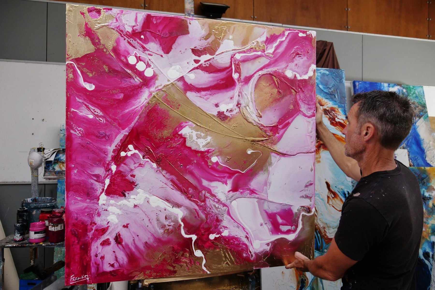 Candy Jazz 120cm x 120cm Gold Pink White Textured Abstract Painting (SOLD)-Abstract-[Franko Artist]-[Gold Coast]-[Brisbane]-[Huge]-Franklin Art Studio