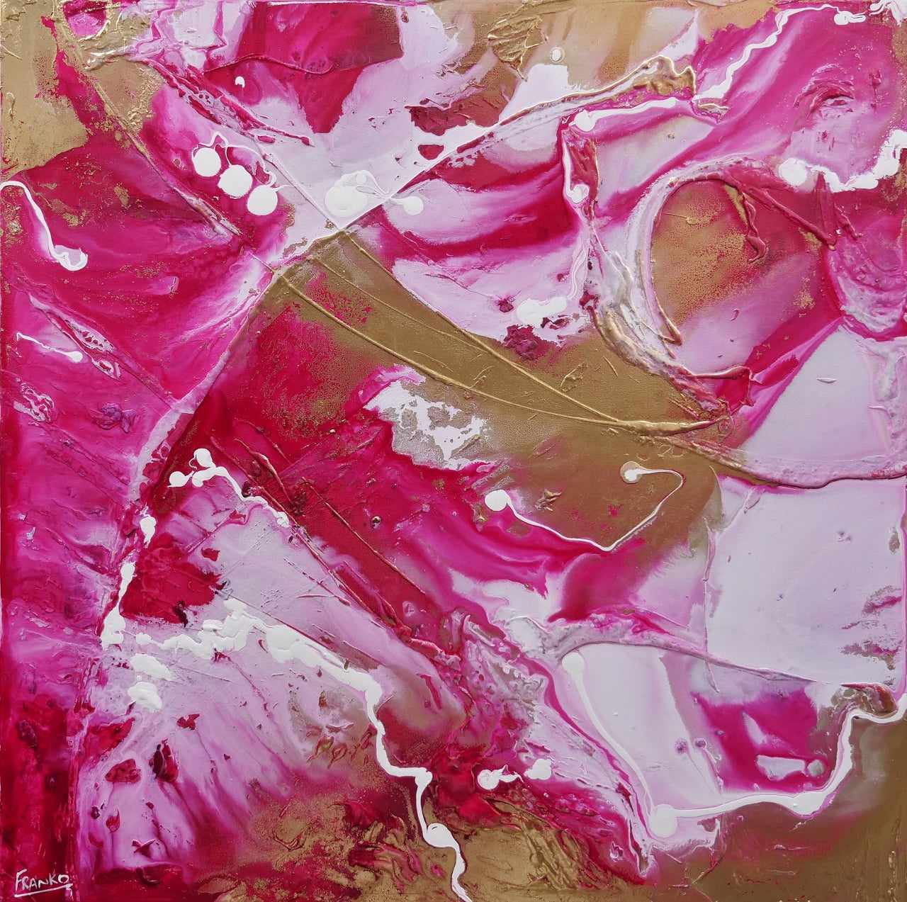 Candy Jazz 120cm x 120cm Gold Pink White Textured Abstract Painting (SOLD)-Abstract-Franko-[Franko]-[Australia_Art]-[Art_Lovers_Australia]-Franklin Art Studio