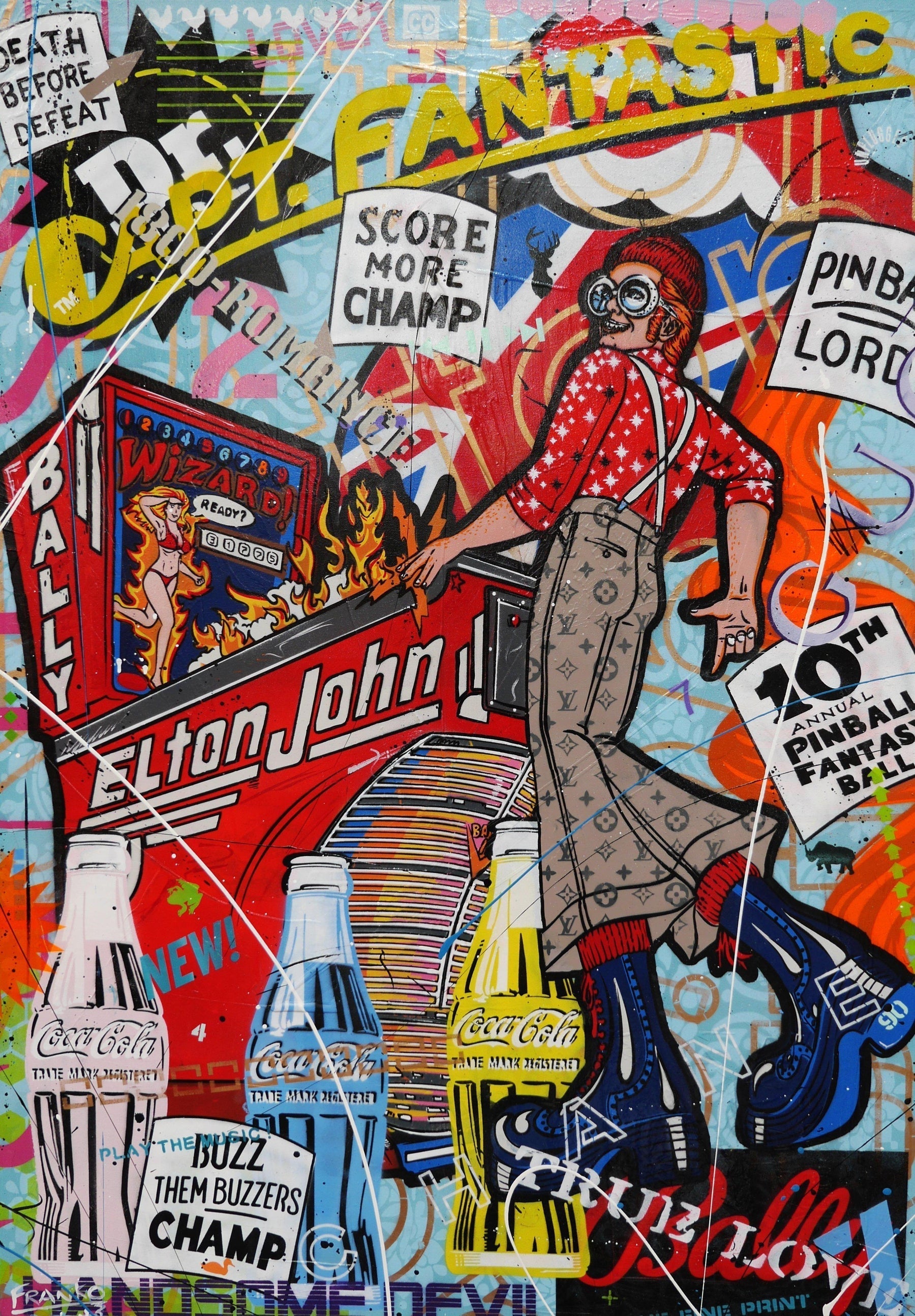 Captain Fantastic 140cm x 100cm 70's Pinball board Elton Johns 'Captain Fantastic and the Brown Dirt Cowboy' urban pop art painting (SOLD)-urban pop-Franko-[Franko]-[Australia_Art]-[Art_Lovers_Australia]-Franklin Art Studio