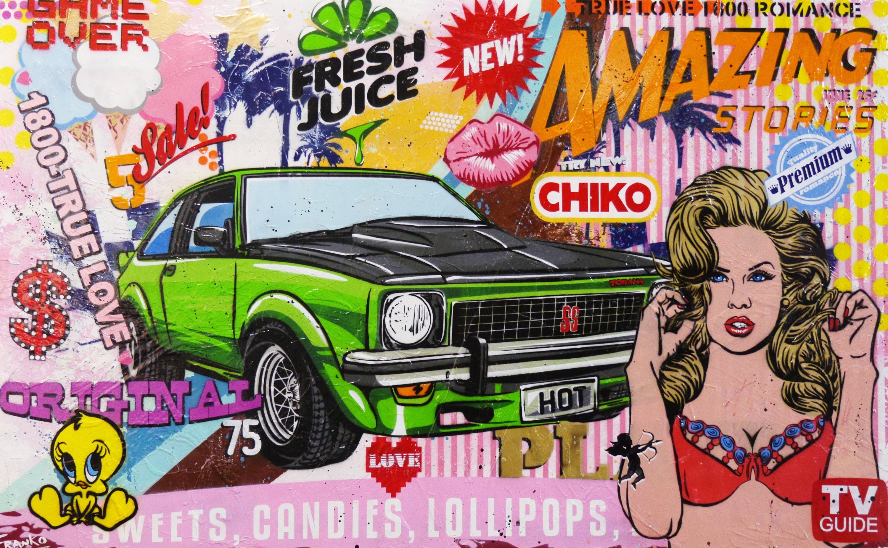 Cars And Fresh Juice 160cm x 100cm SS Torana Pop Art Painting (SOLD)-urban pop-Franko-[Franko]-[Australia_Art]-[Art_Lovers_Australia]-Franklin Art Studio