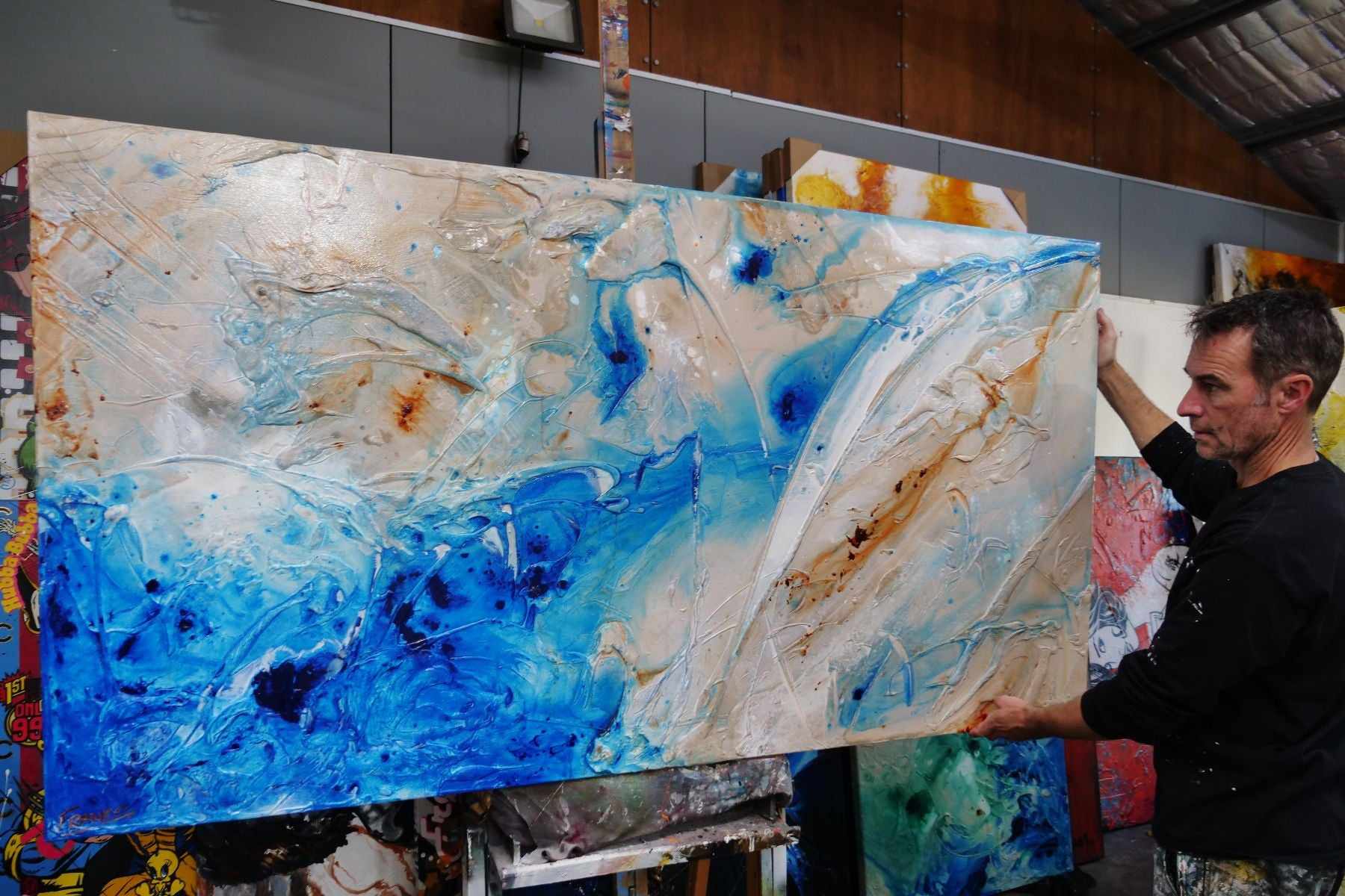Casbah Rush 190cm x 100cm Blue Cream Textured Abstract Painting (SOLD)-Abstract-Franko-[franko_art]-[beautiful_Art]-[The_Block]-Franklin Art Studio