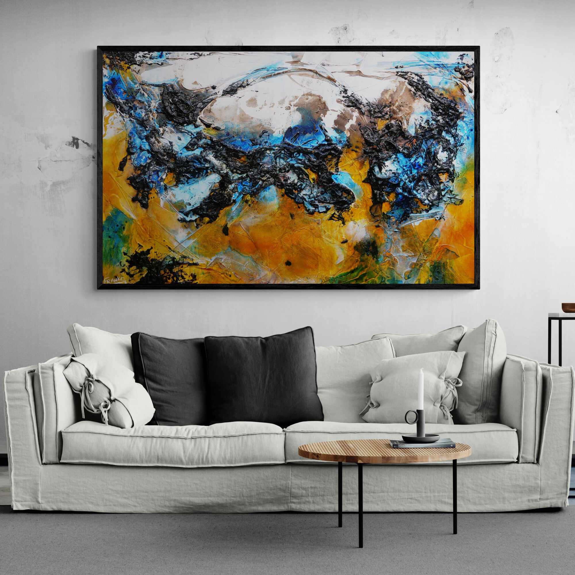 Castaway Beach 160cm x 100cm Sienna Black Blue Textured Abstract Paintin (SOLD)-Abstract-[Franko Artist]-[Gold Coast]-[Brisbane]-[Huge]-Franklin Art Studio