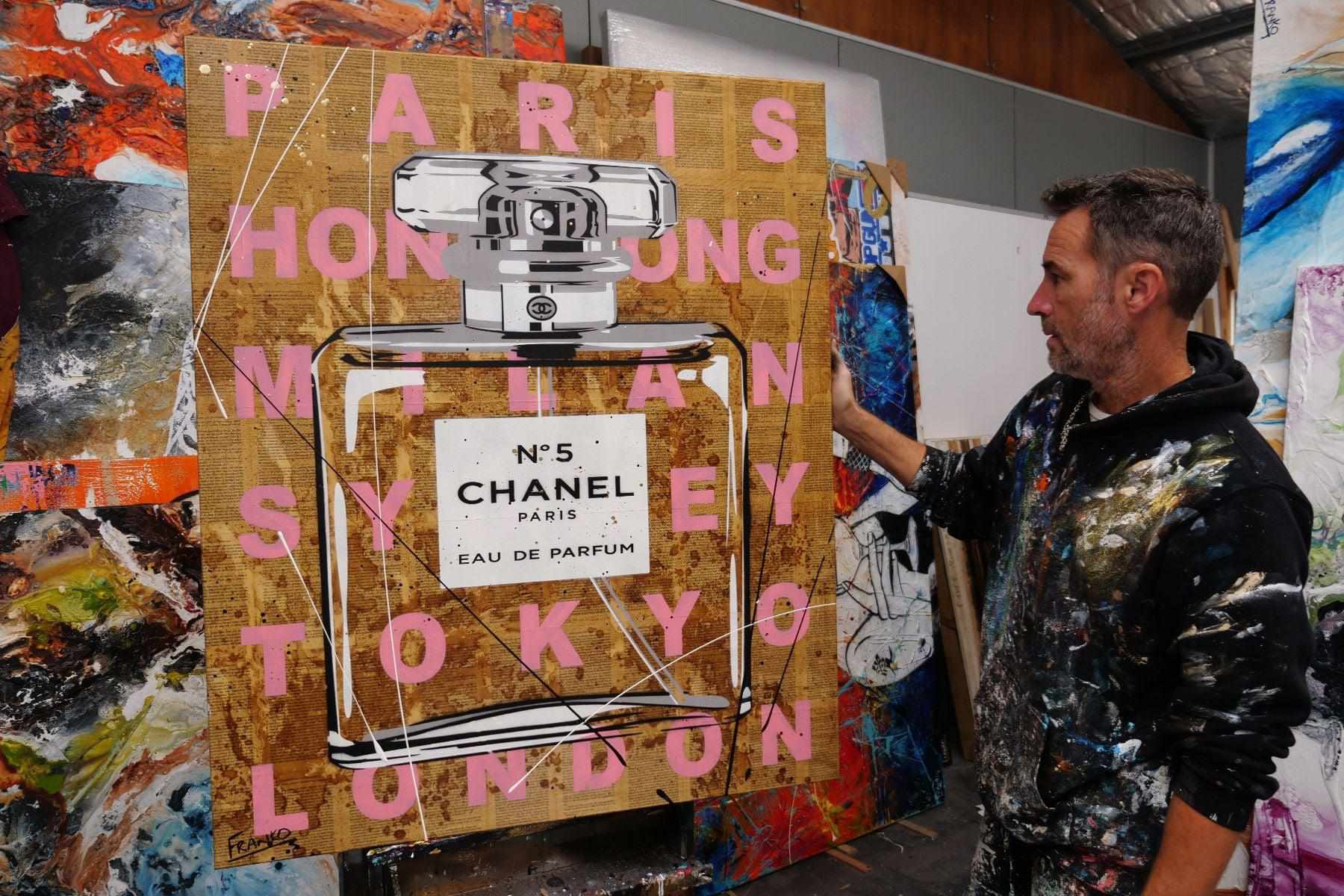 Chanel Pink 120cm x 100cm Pink Chanel Perfume Bottle Urban Pop Book Club Painting (SOLD)-book club-[Franko Artist]-[Gold Coast]-[Brisbane]-[Huge]-Franklin Art Studio