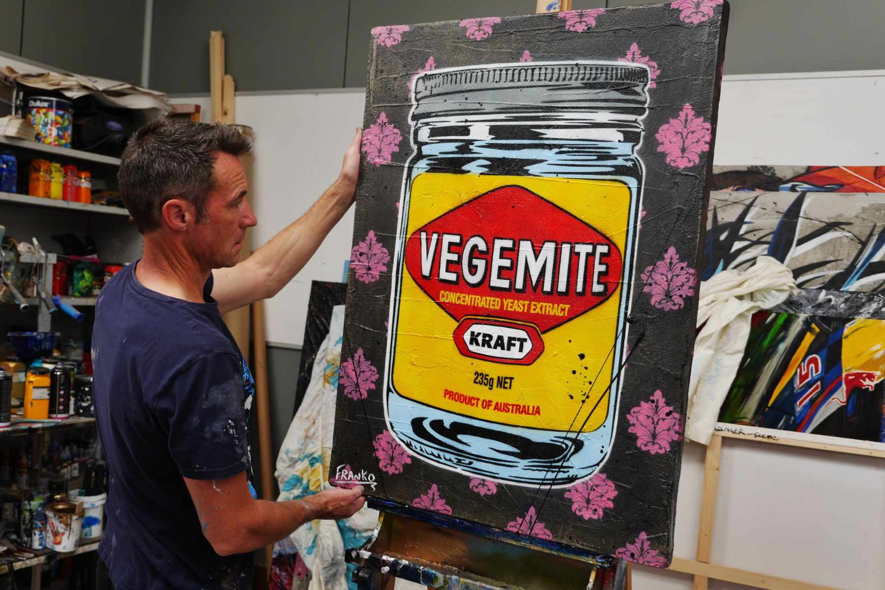 Charcoal Vegemite 75cm x 100cm Vegemite Textured Urban Pop Art Painting (SOLD)-concrete-[Franko Artist]-[Gold Coast]-[Brisbane]-[Huge]-Franklin Art Studio