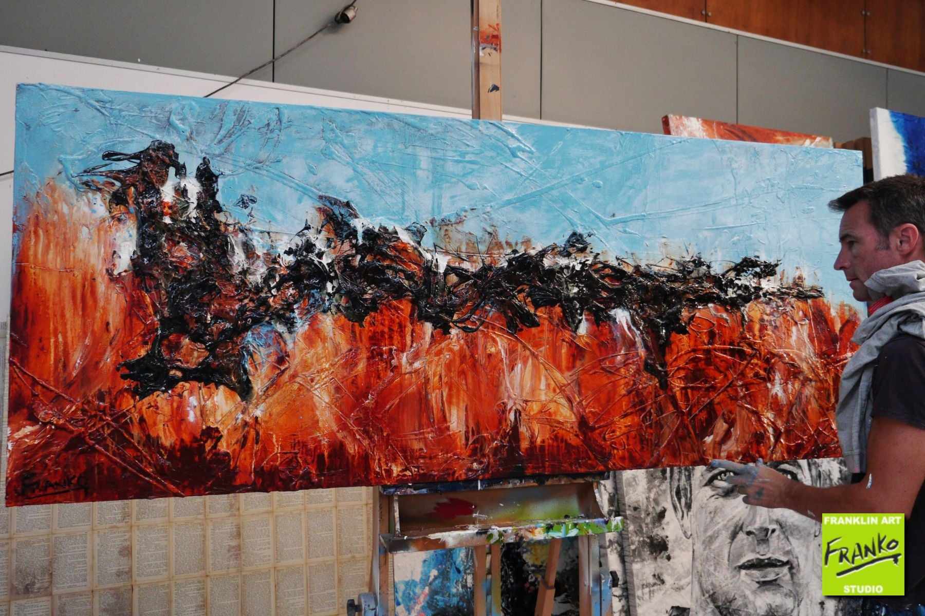 Clay and Oxide 200cm x 80cm Red Oxide Blue Textured Abstract Painting (SOLD)-Abstract-Franko-[franko_artist]-[Art]-[interior_design]-Franklin Art Studio