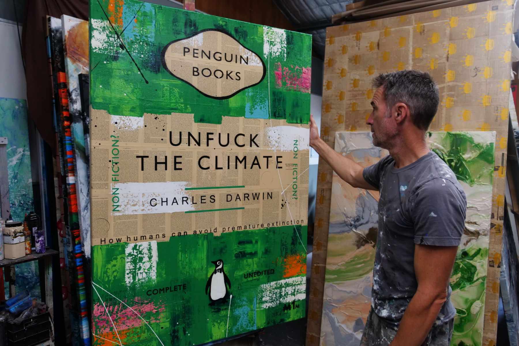 Climactic 140cm x 100cm Unfuck The Climate Urban Pop Book Club Painting (SOLD)-book club-Franko-[franko_artist]-[Art]-[interior_design]-Franklin Art Studio