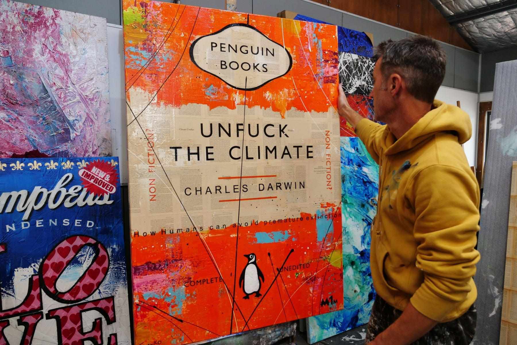 Climate Unfucking 140cm x 100cm Orange Unfuck The Climate Urban Pop Book Club Painting (SOLD)-book club-Franko-[franko_art]-[beautiful_Art]-[The_Block]-Franklin Art Studio