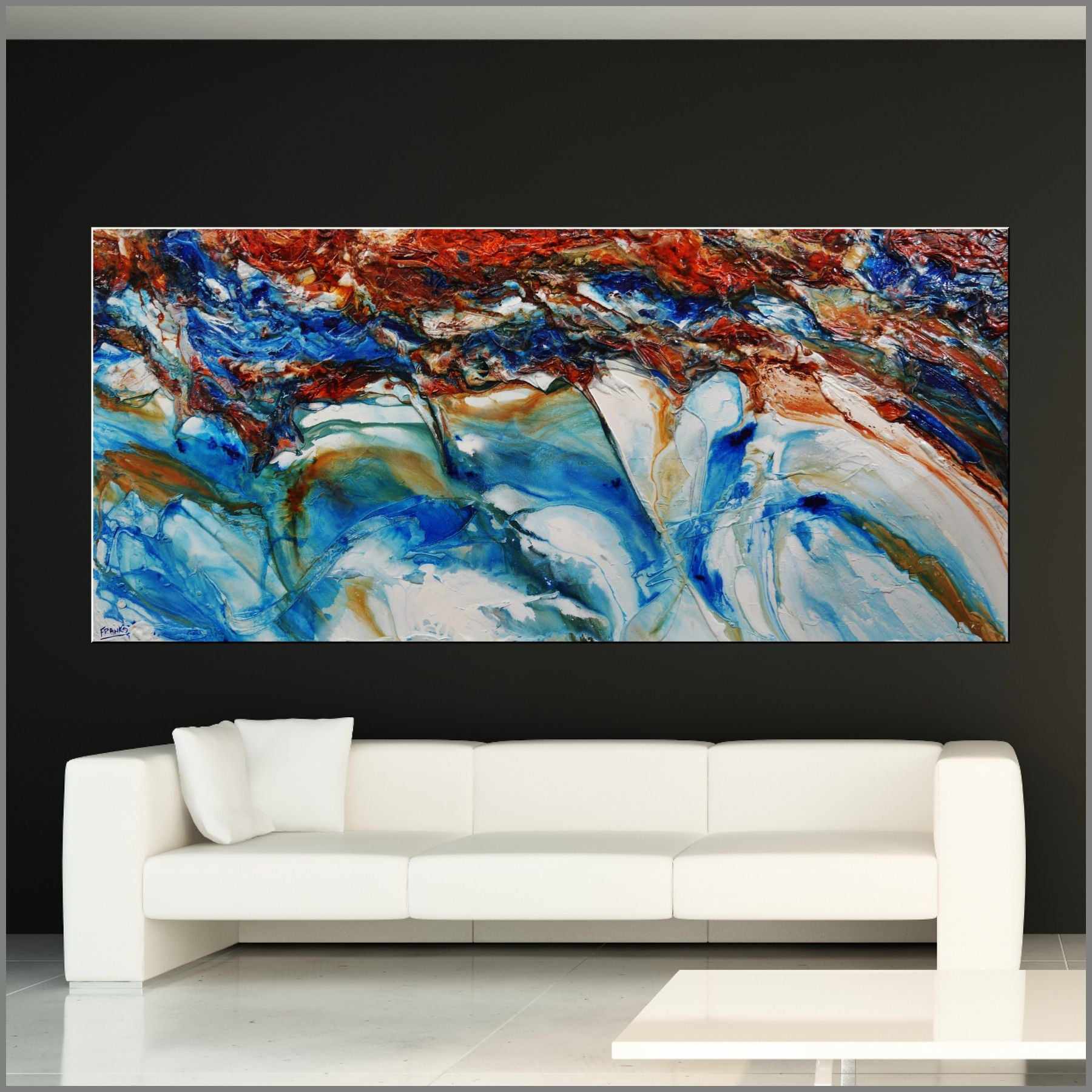 Coastal Heart 270cm x 120cm Blue Orange White Textured Abstract Painting (SOLD)-Abstract-Franko-[Franko]-[huge_art]-[Australia]-Franklin Art Studio
