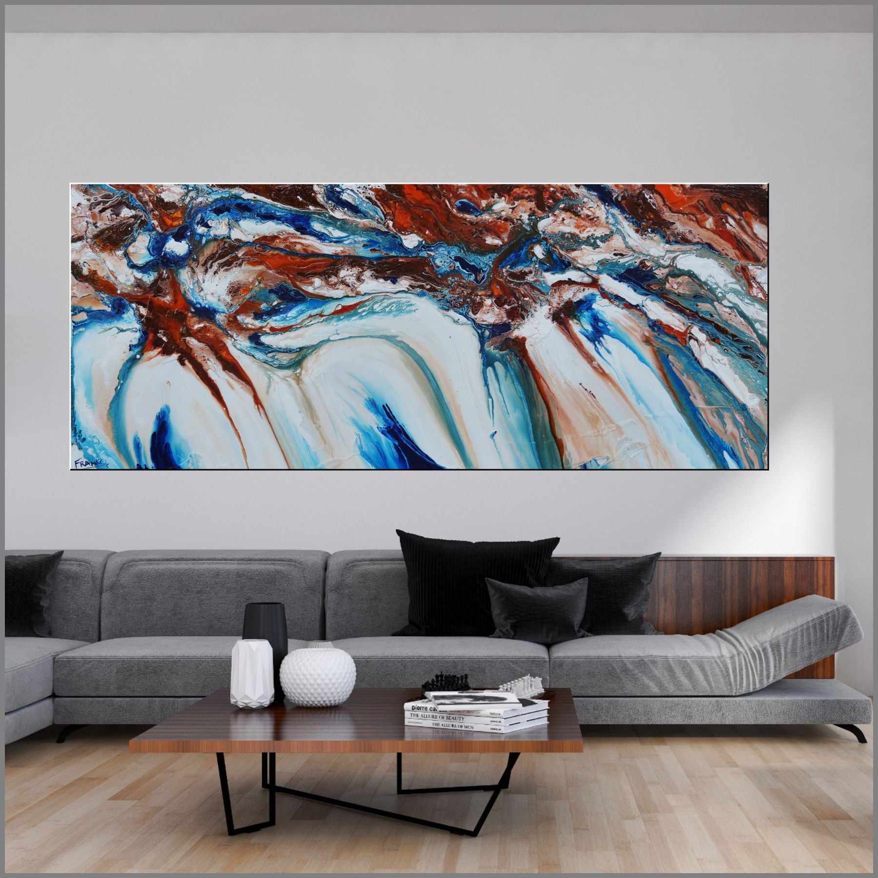 Coastal Rapture 240cm x 100cm Blue Oxide White Textured Abstract Painting (SOLD TRACEY)-Abstract-Franko-[Franko]-[huge_art]-[Australia]-Franklin Art Studio