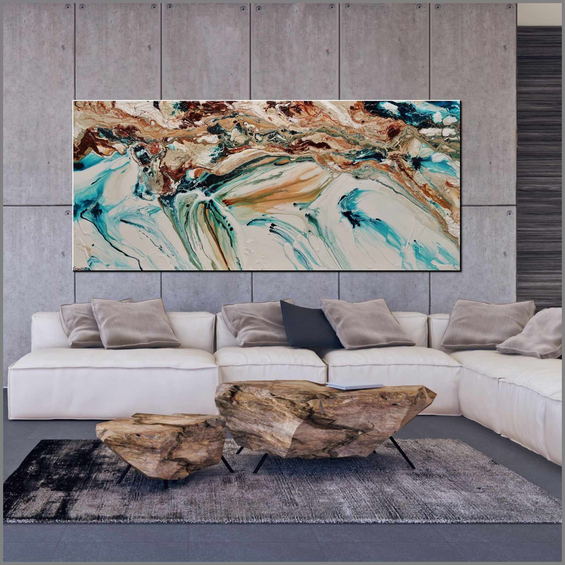 Coastal Rapture 270cm x 120cm Teal Oxide White Textured Abstract Painting (SOLD)-Abstract-Franko-[Franko]-[huge_art]-[Australia]-Franklin Art Studio