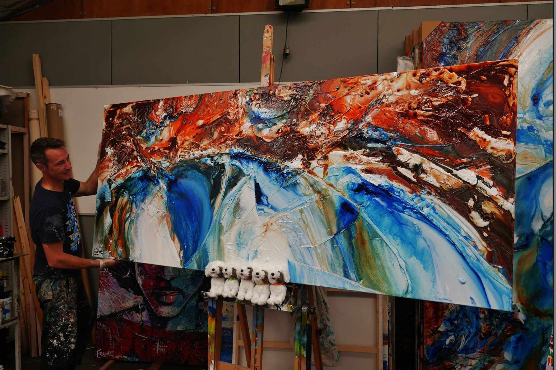 Coastal Resonance 240cm x 100cm White Blue Orange Abstract Painting (SOLD)-abstract-[Franko Artist]-[Gold Coast]-[Brisbane]-[Huge]-Franklin Art Studio