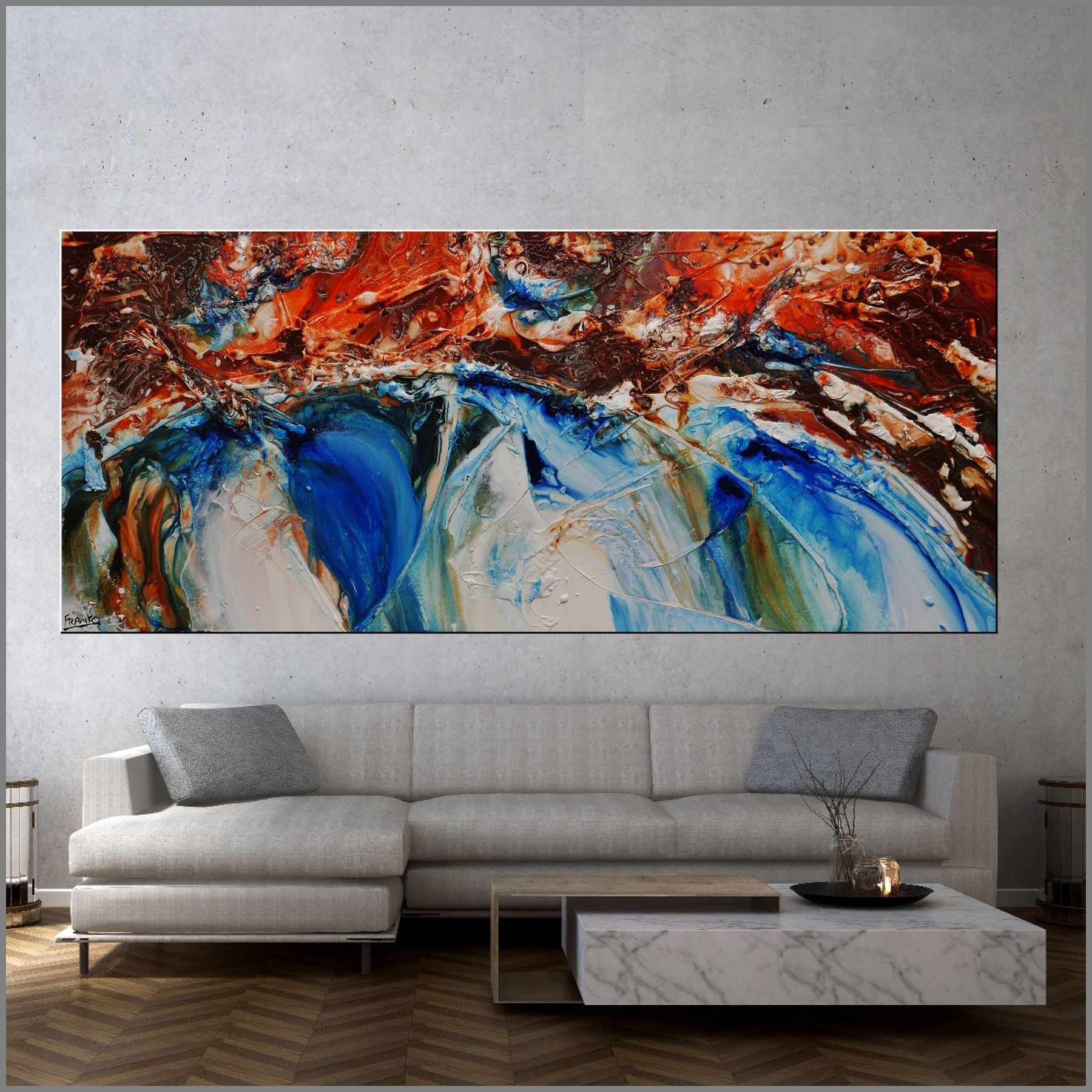 Coastal Resonance 240cm x 100cm White Blue Orange Abstract Painting (SOLD)-abstract-Franko-[huge]-[Australian]-[best Selling]-Franklin Art Studio