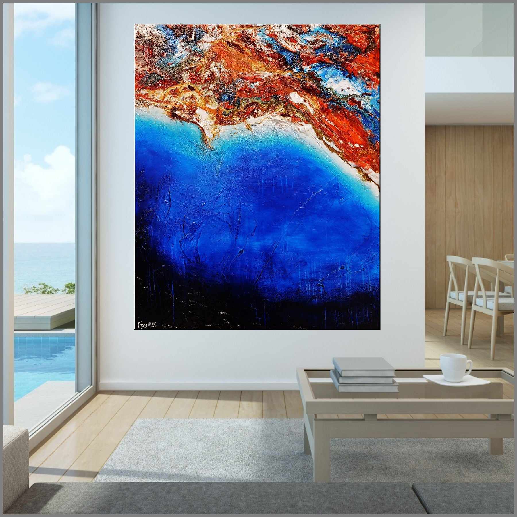 Coastal Silk 120cm x 150cm Blue Orange Textured Abstract Painting (sold Glenn) (SOLD)-Abstract-Franko-[Franko]-[huge_art]-[Australia]-Franklin Art Studio