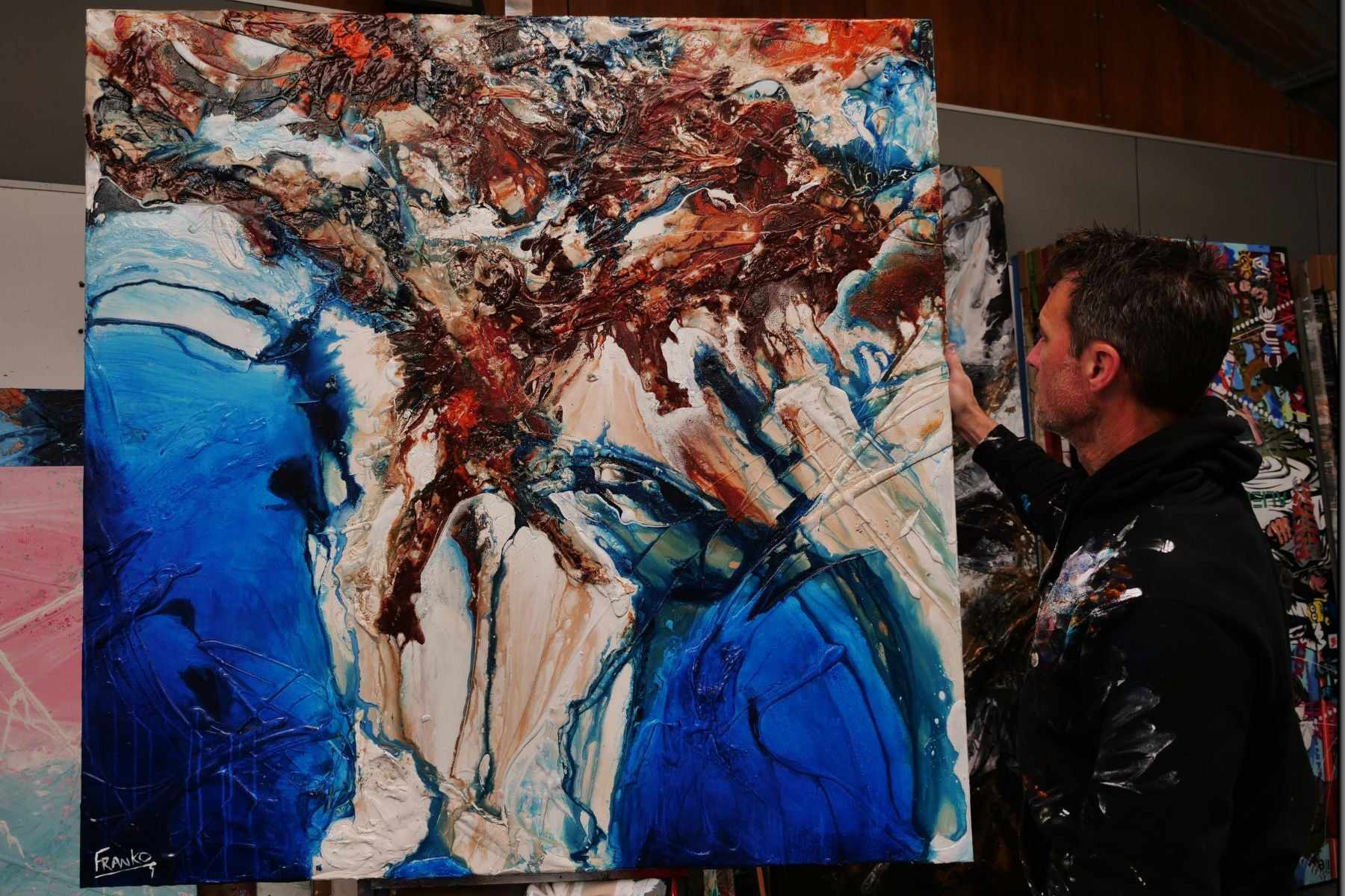 Coastal Torque 150cm x 150cm Orange White Blue Textured Abstract Painting (SOLD)-Abstract-Franko-[franko_artist]-[Art]-[interior_design]-Franklin Art Studio