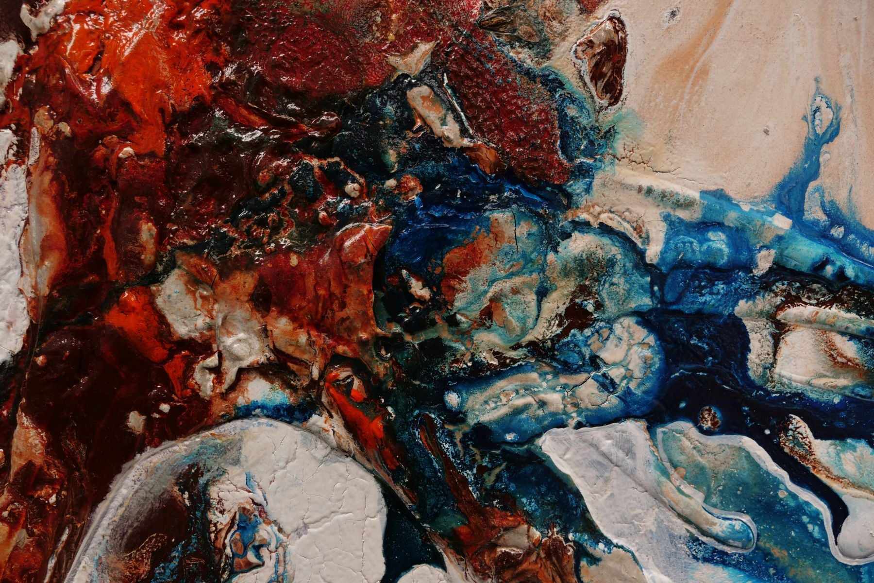 Coastal Torque 150cm x 150cm Orange White Blue Textured Abstract Painting (SOLD)