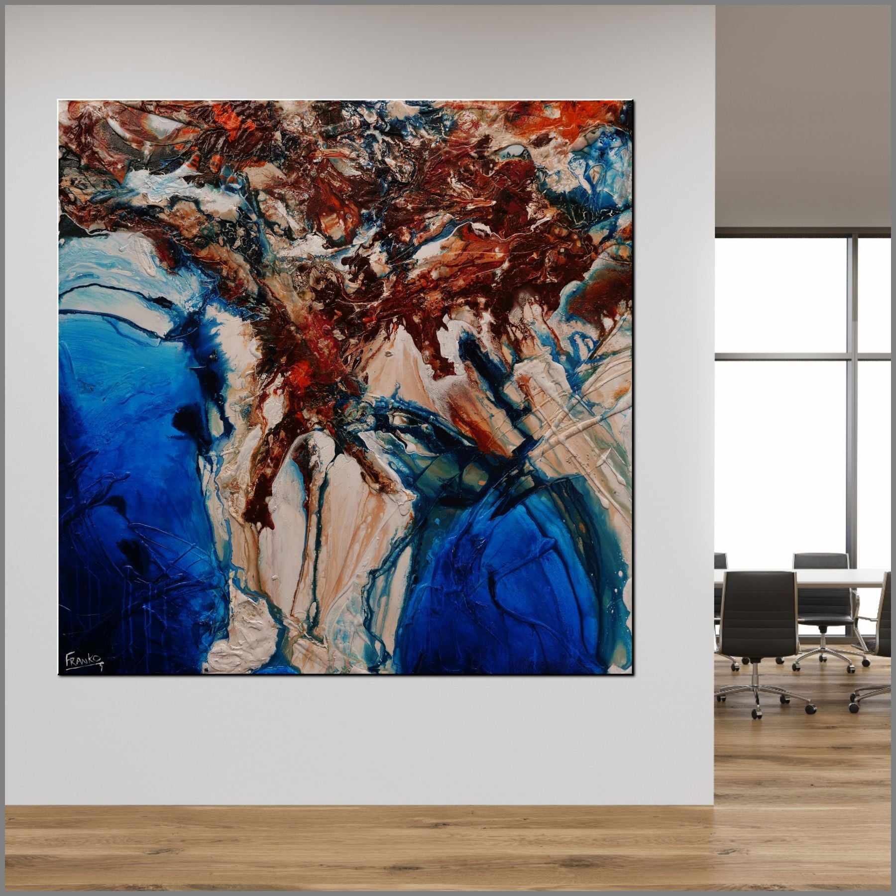 Coastal Torque 150cm x 150cm Orange White Blue Textured Abstract Painting (SOLD)-Abstract-Franko-[huge]-[Australian]-[best Selling]-Franklin Art Studio