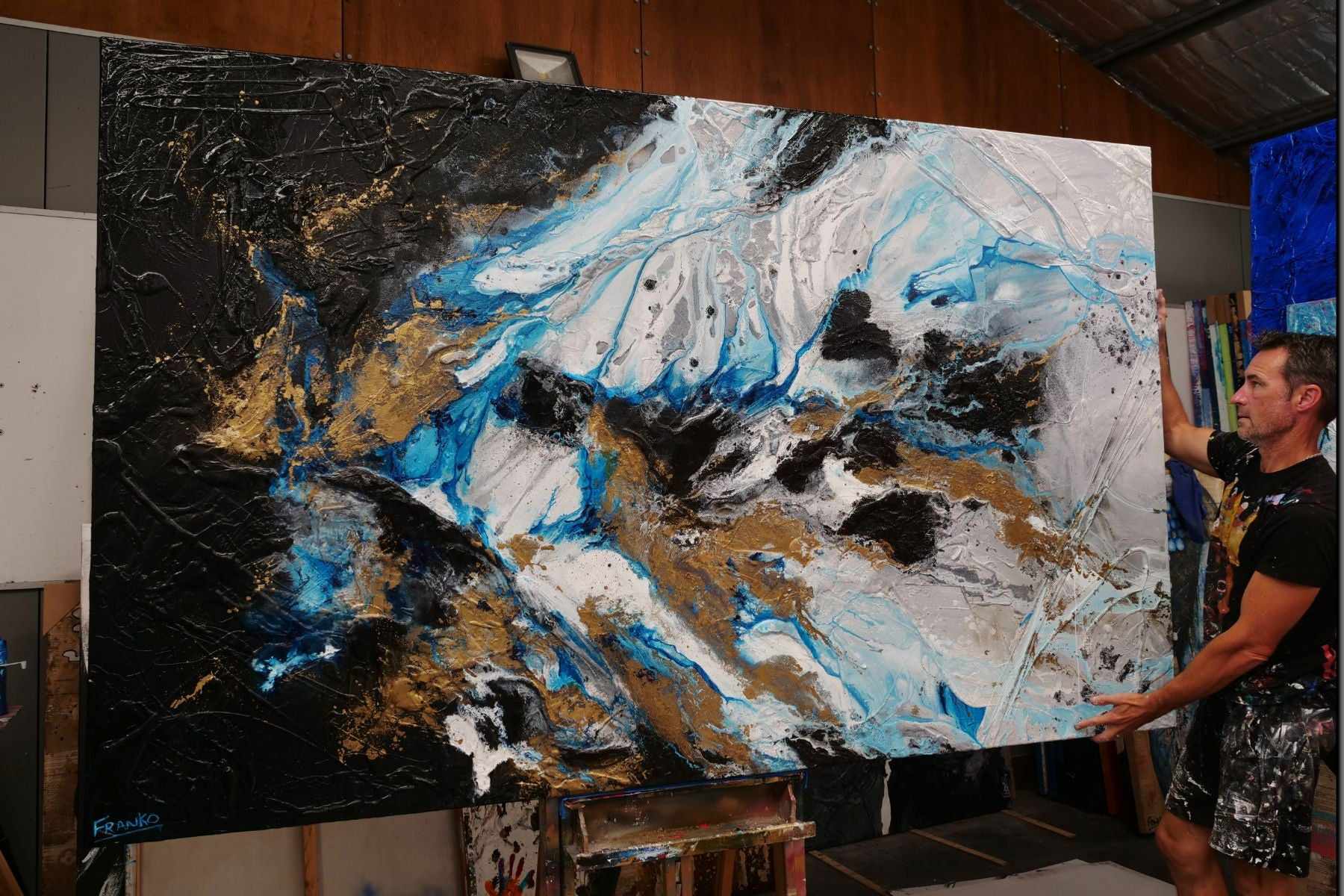 Cobalt Barracuda 250cm x 150cm Blue White Textured Abstract Painting (SOLD)-Abstract-[Franko Artist]-[Gold Coast]-[Brisbane]-[Huge]-Franklin Art Studio