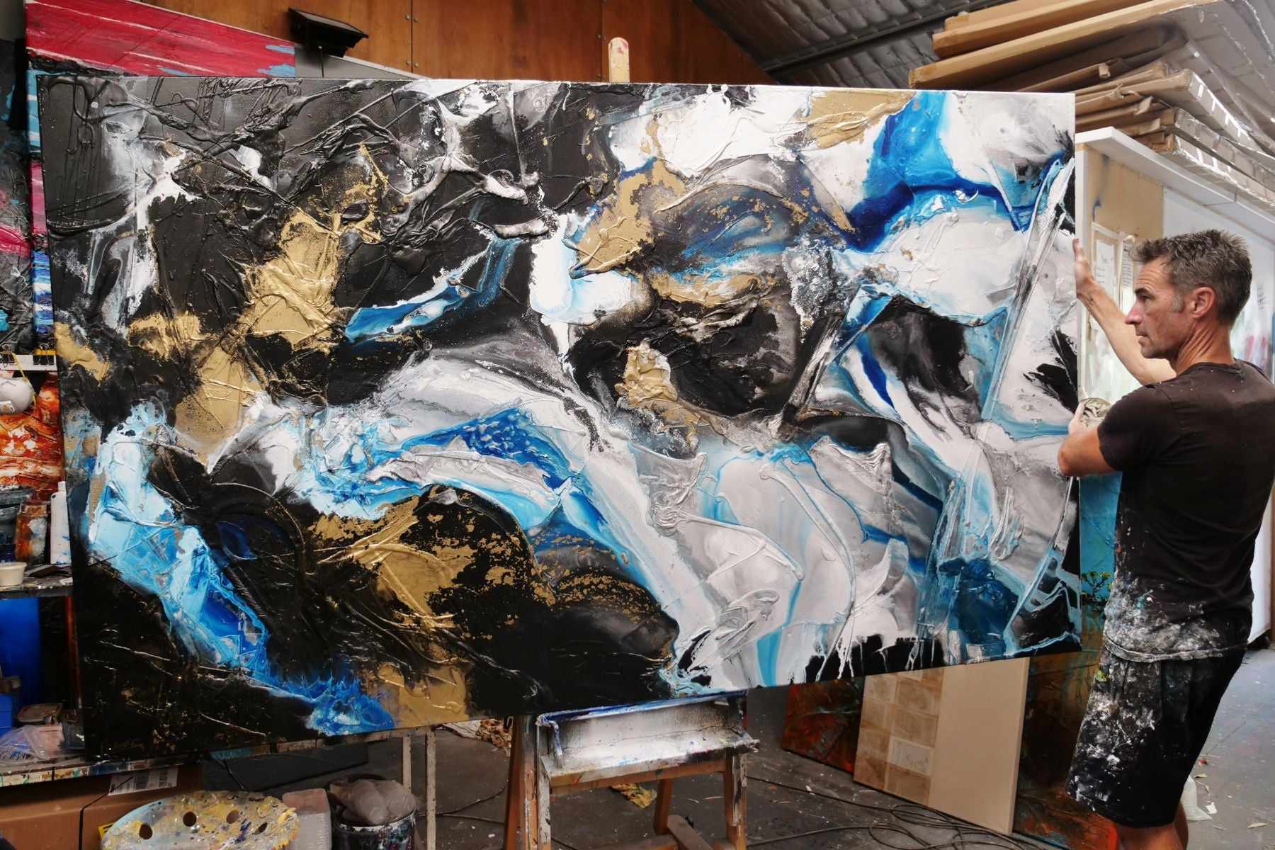 Cobalt Bliss 250cm x 150cm Black Cobalt Gold Textured Abstract Painting-Abstract-Franko-[franko_artist]-[Art]-[interior_design]-Franklin Art Studio