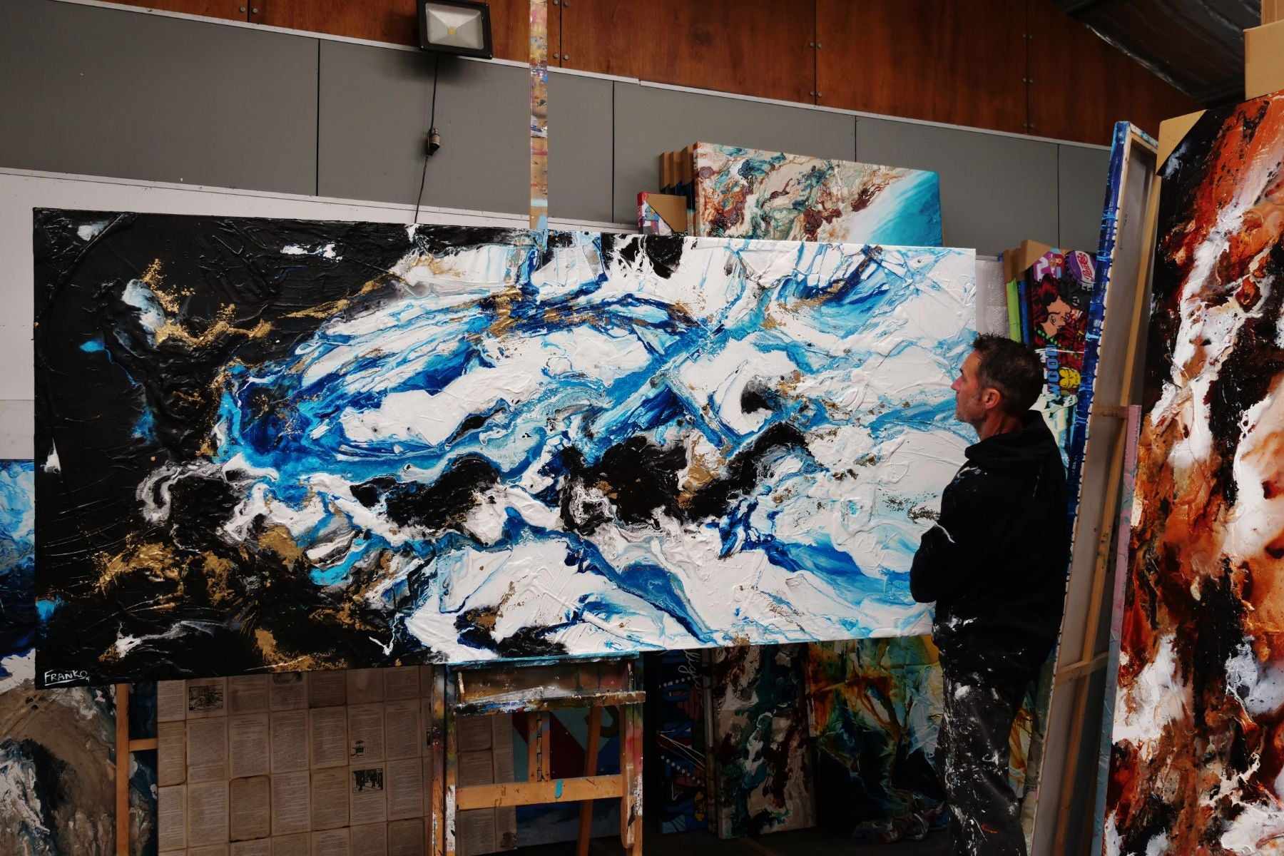 Cobalt Reign 270cm x 120cm Black Blue Gold Textured Abstract Painting (SOLD)-Abstract-[Franko_Artist]-[The_Block]-[Dream_Homes]-[ideas]- [Grand_Designs]-Franklin Art Studio