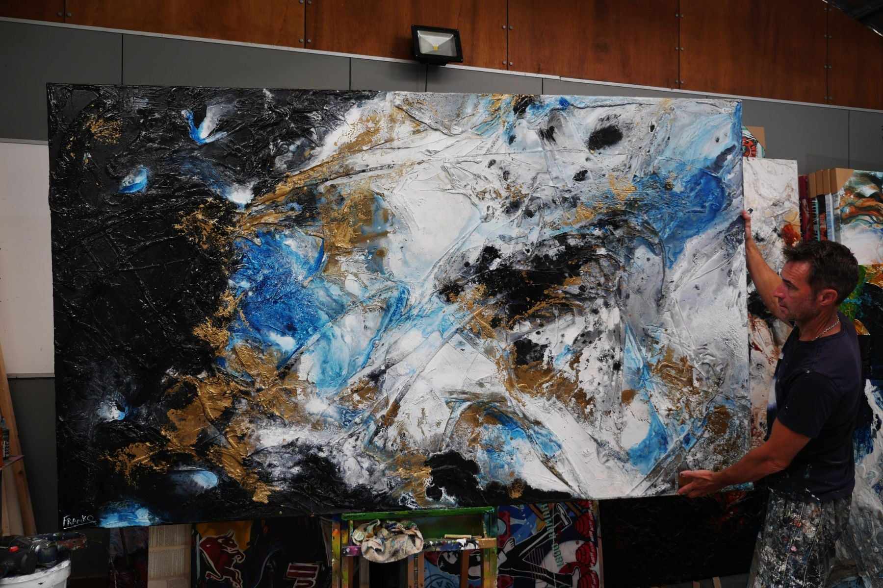 Cobalt Sunrise 250cm x 150cm Blue Black Textured Abstract Painting (SOLD)-Abstract-Franko-[franko_art]-[beautiful_Art]-[The_Block]-Franklin Art Studio