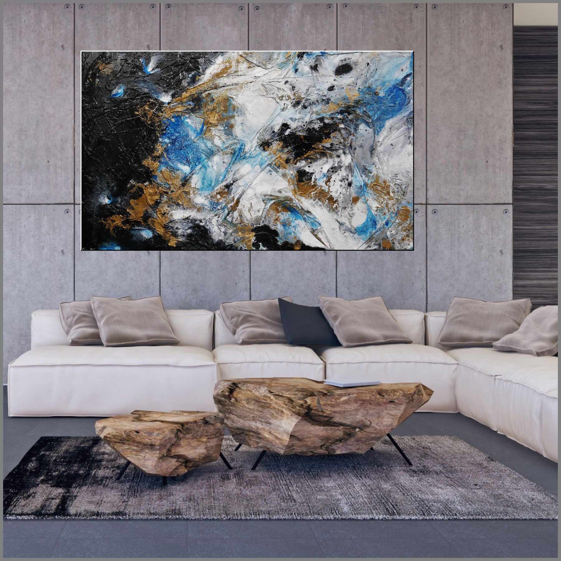 Cobalt Sunrise 250cm x 150cm Blue Black Textured Abstract Painting (SOLD)-Abstract-Franko-[Franko]-[huge_art]-[Australia]-Franklin Art Studio