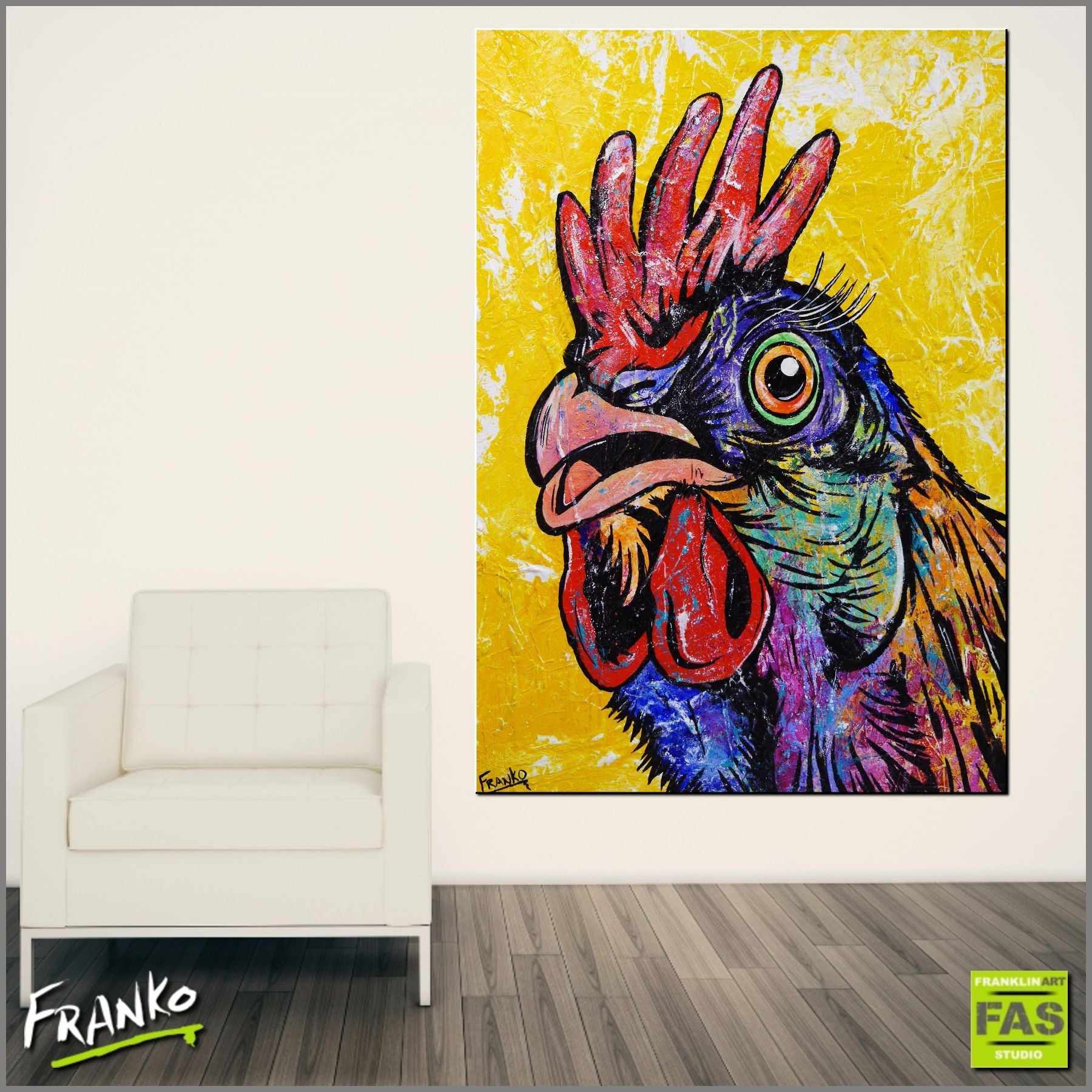Cock On Yellow 140cm x 100cm Rooster Pop Art Painting (SOLD)-urban pop-Franko-[Franko]-[huge_art]-[Australia]-Franklin Art Studio