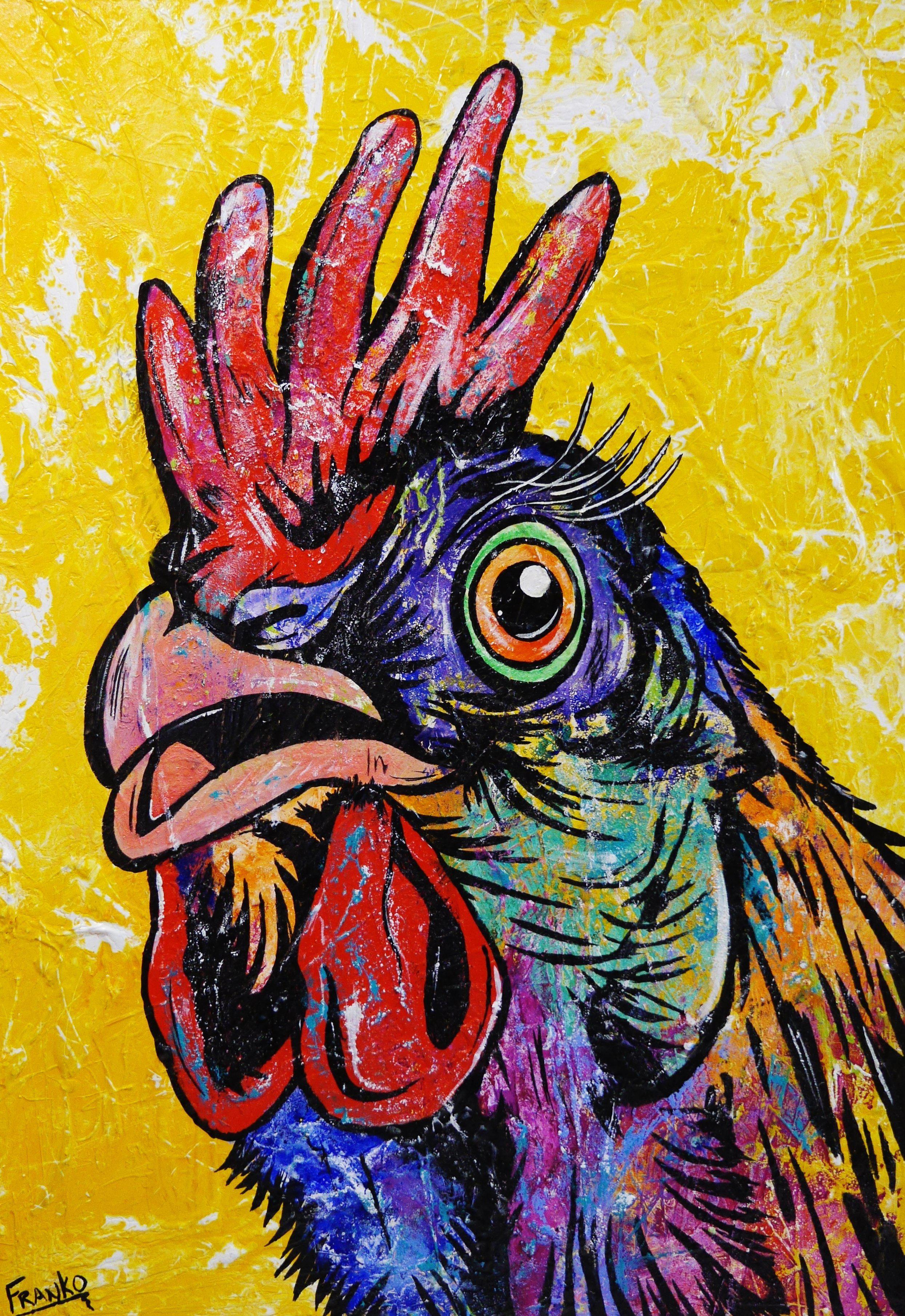 Cock On Yellow 140cm x 100cm Rooster Pop Art Painting (SOLD)-urban pop-Franko-[Franko]-[Australia_Art]-[Art_Lovers_Australia]-Franklin Art Studio